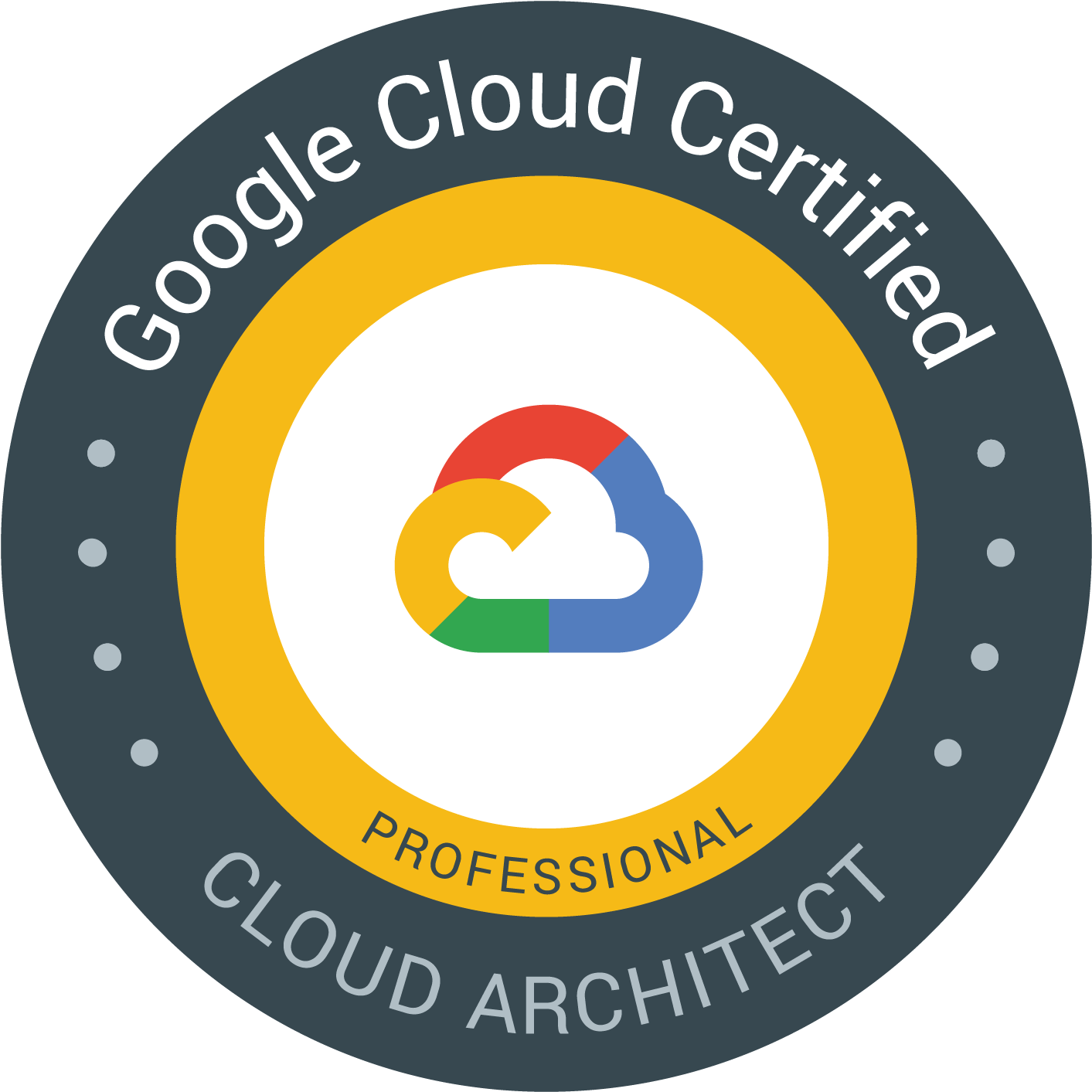 google 桌布 壁紙 — 圓形 Google Cloud Certified Professional Cloud Architect 徽章，深灰色背景上帶有彩色雲端標誌。