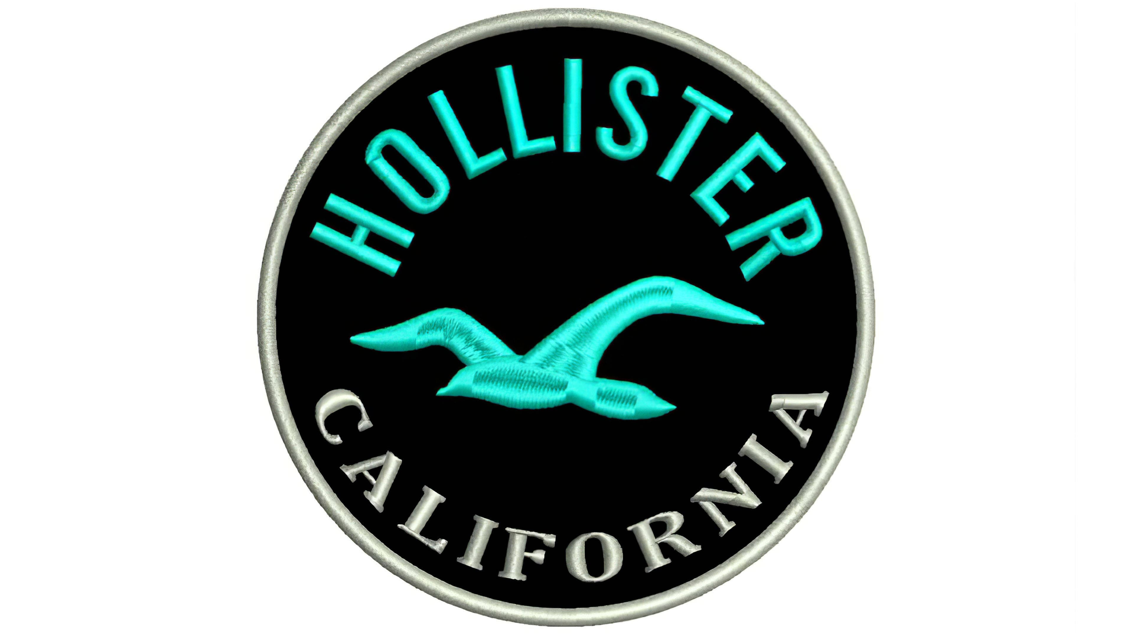Hollister 桌布 壁紙 — 圓形刺繡 Hollister California 標誌貼片，帶有藍綠色海鷗和銀色邊框，黑色背景。