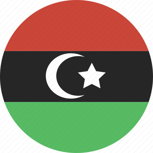 Libya 桌布 壁紙 — 圓形圖示顯示利比亞國旗，有紅、黑、綠橫條，黑色條紋中央有白色新月和星星。