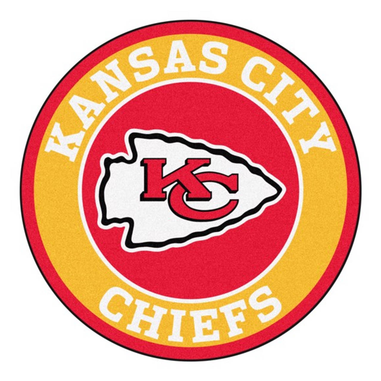 Kansas City Chiefs Logo 桌布 壁紙 — 圓形堪薩斯城酋長隊標誌地毯，紅黃白三色，帶有盾牌和交織的KC字母。