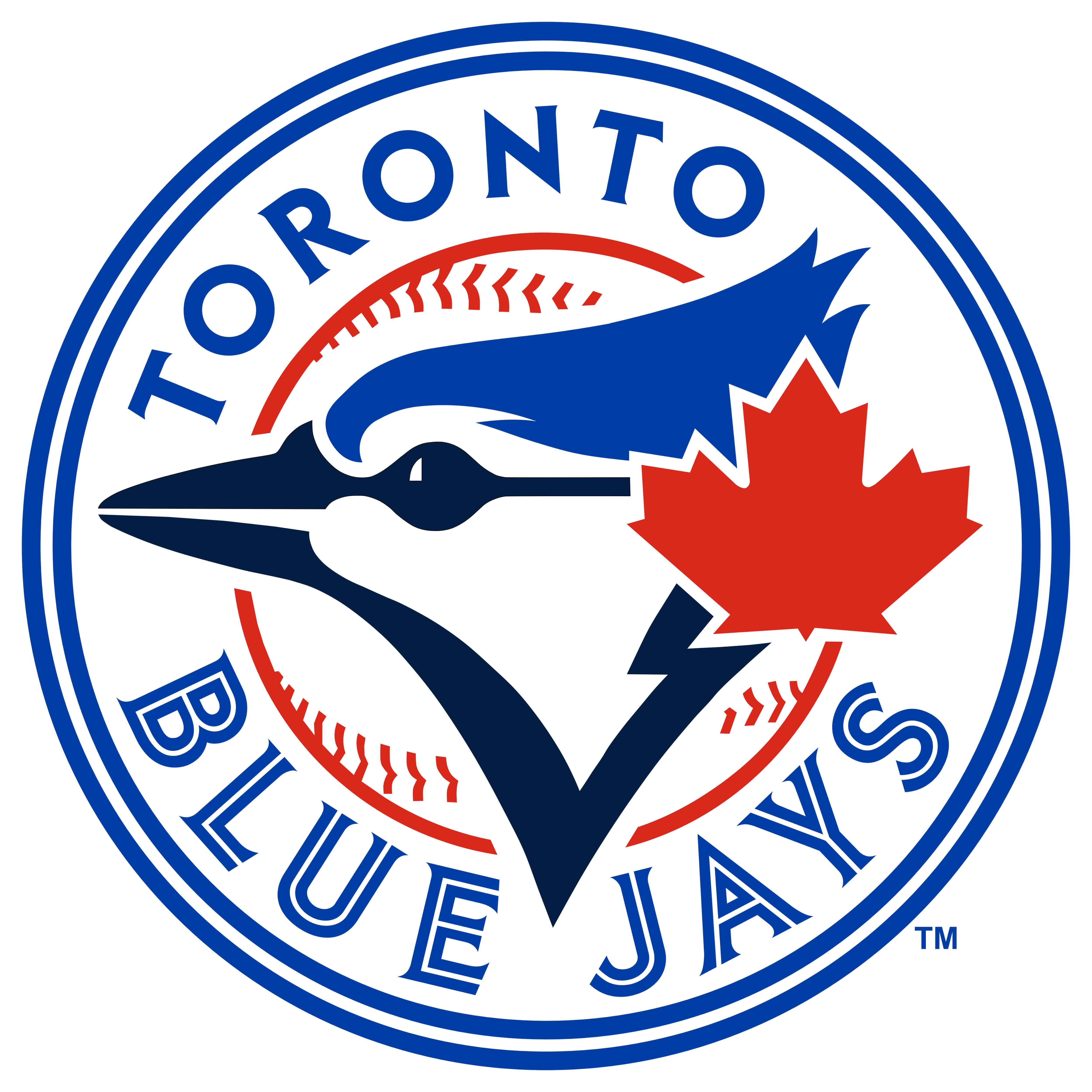 Blue Jays. 桌布 壁紙 — 圓形多倫多藍鳥隊標誌，白色背景上有藍鳥頭、紅色楓葉和棒球縫線。