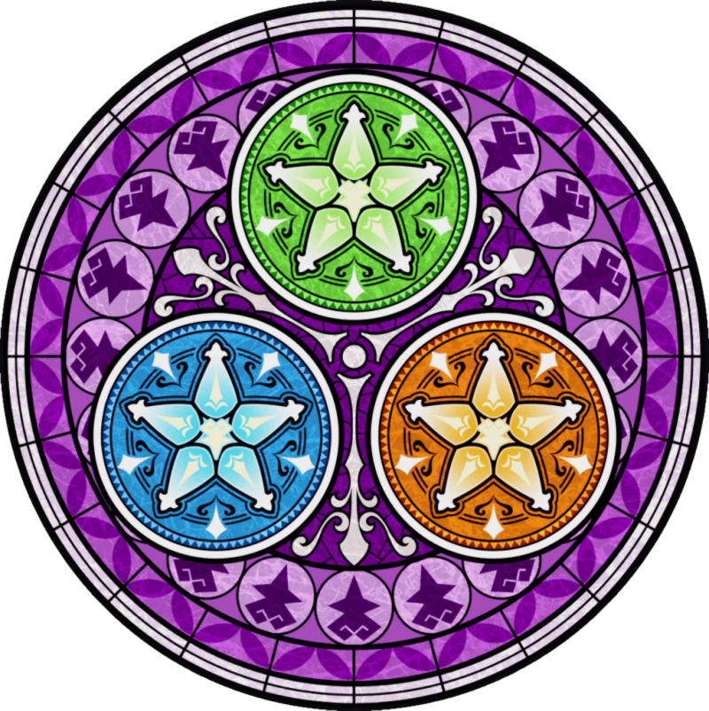 Kingdom Hearts 桌布 壁紙 — 圓形彩色玻璃窗，帶有三個彩色星星圖案，背景為紫色圖案。