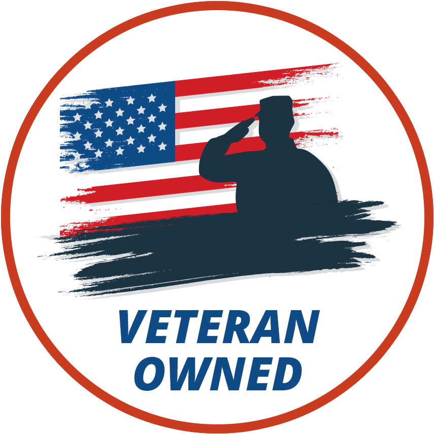 Veterans Day 桌布 壁紙 — 圓形徽章，上面有敬禮士兵剪影，背景為刷紋美國國旗，並有粗體 veteran owned 文字。