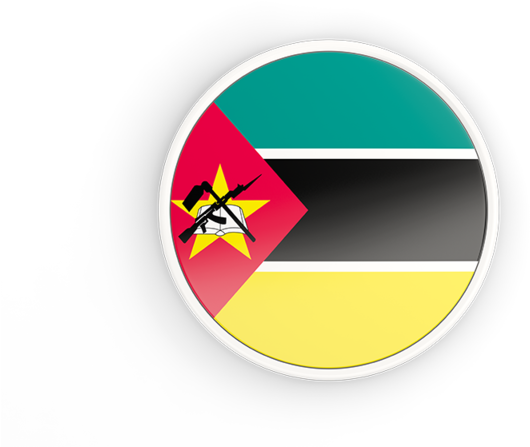 Mozambique 桌布 壁紙 — 圓形徽章，上面有莫三比克國旗，帶有綠色、黑色和黃色條紋，以及一個紅色三角形，內有黃色星星和交叉的步槍和書本，背景為黑色。