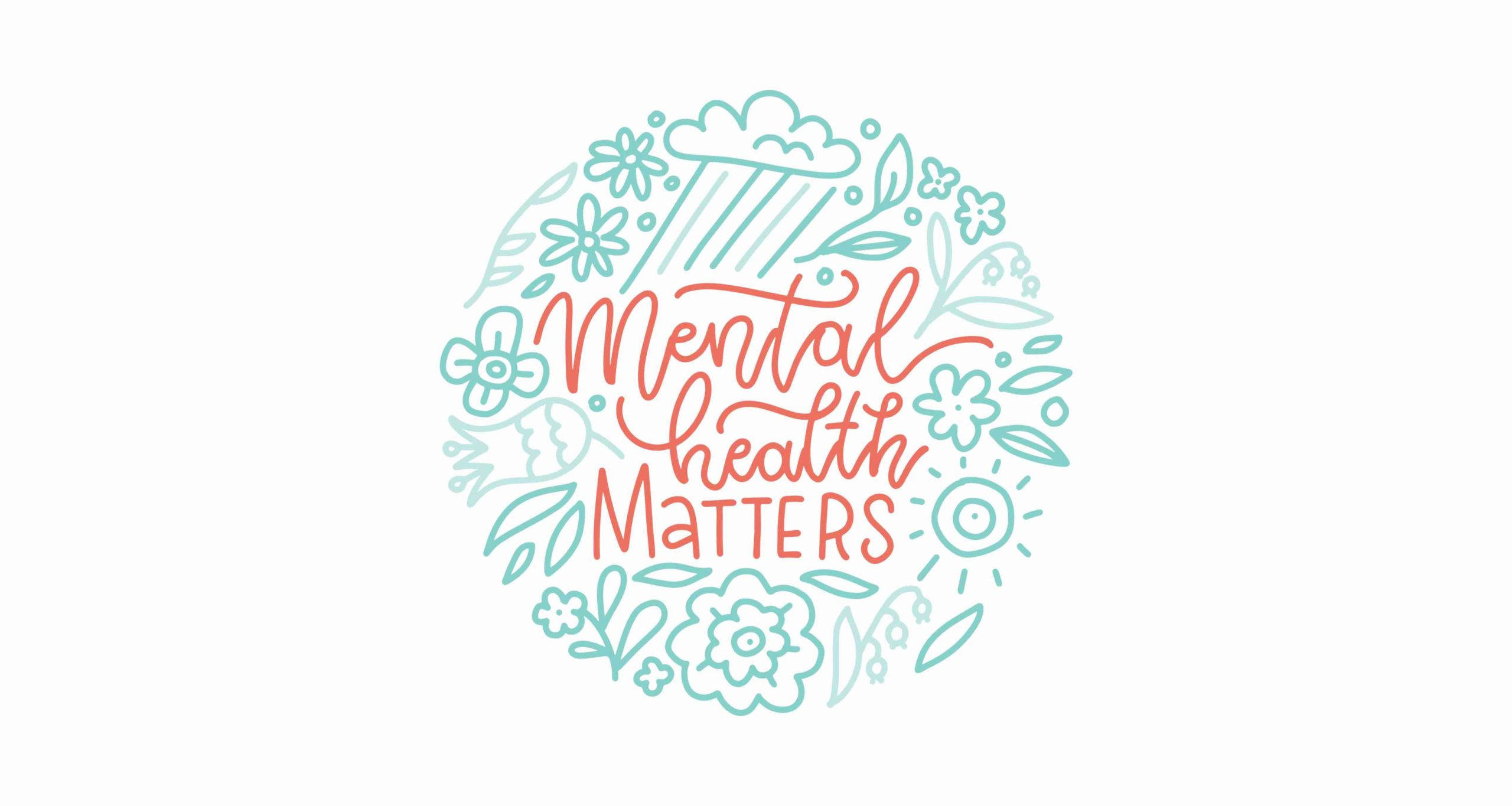 Logo Design 桌布 壁紙 — 圓形插圖，白色背景上以紅色字體寫有「Mental Health Matters」，周圍環繞著青綠色花卉和太陽圖案。