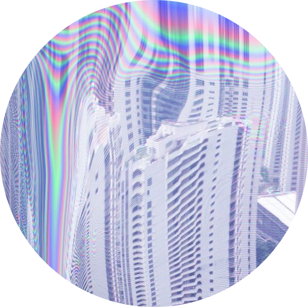 Circle Vector 桌布 壁紙 — 圓形故障藝術視角，呈現扭曲的摩天大樓，帶有彩虹色差效果。