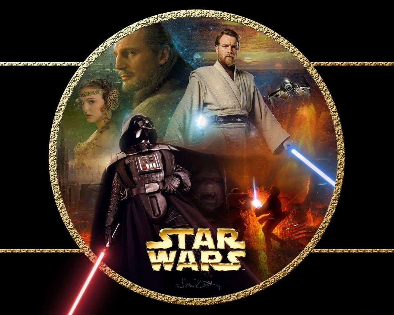 Star Wars Characters 桌布 壁紙 — 圓形星戰拼貼畫，描繪黑武士、歐比王·肯諾比及其他角色在宇宙背景下手持光劍。