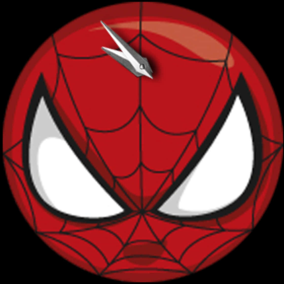 Spiderman Face 桌布 壁紙 — 圓形時鐘面設計成蜘蛛人標誌性的紅色面具，帶有白色眼睛和黑色蜘蛛網圖案。