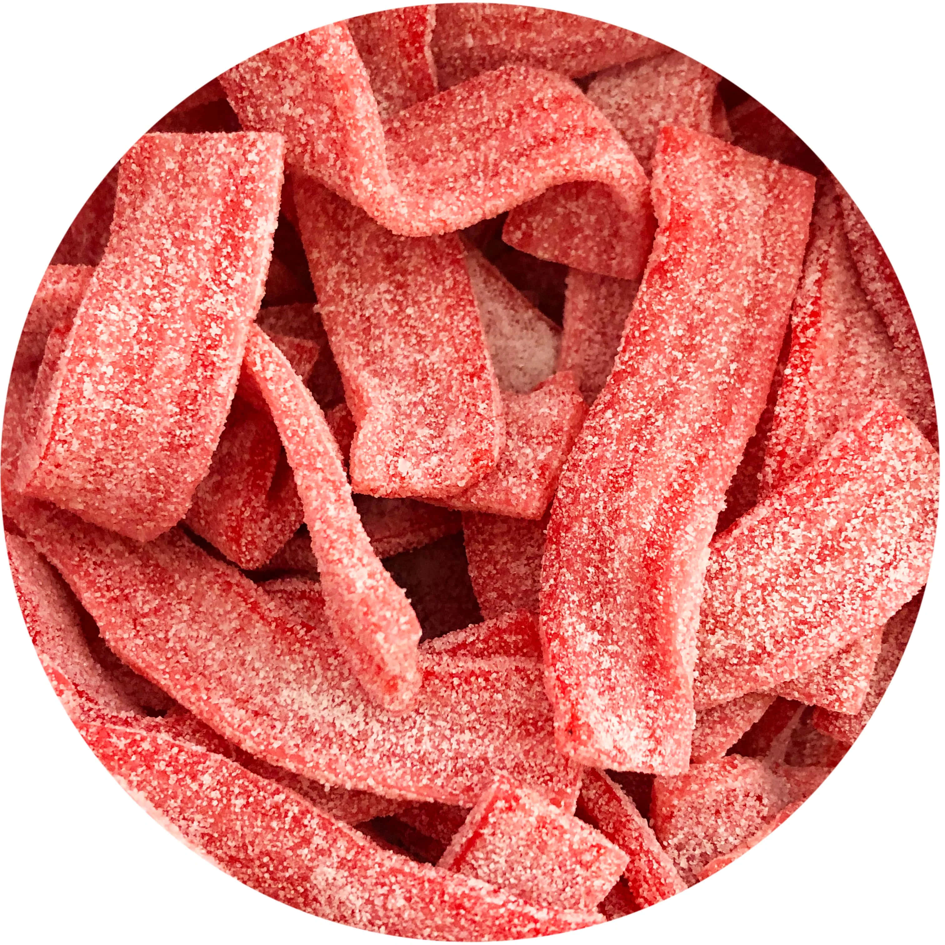 Pink Candy 桌布 壁紙 — 圓形框架中堆疊的糖漬紅色水果皮革條的特寫。