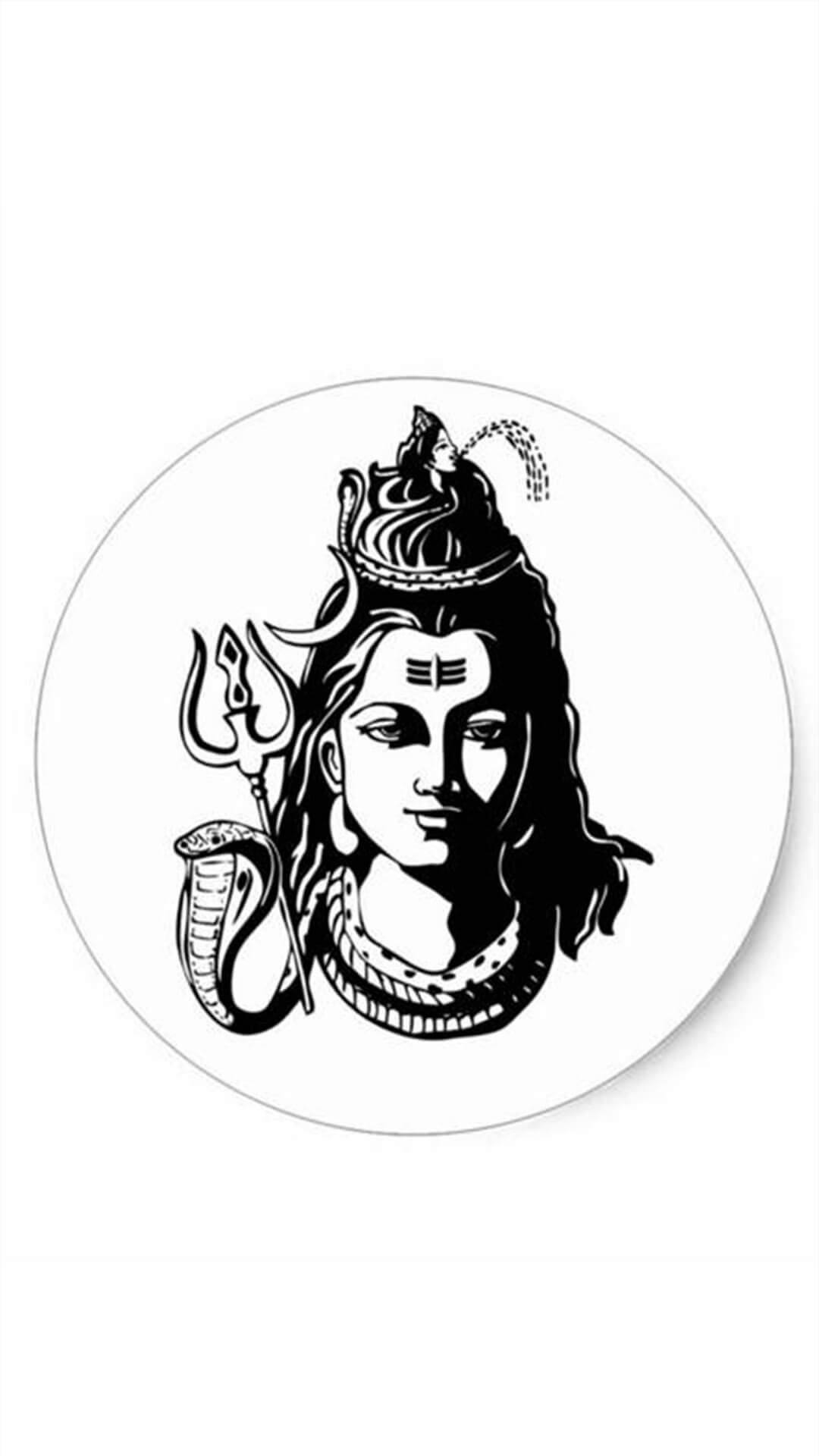 lord shiva mobile 桌布 壁紙 — 圓形框架內濕婆神的黑白線條藝術肖像，帶有三叉戟、眼鏡蛇和新月皇冠。