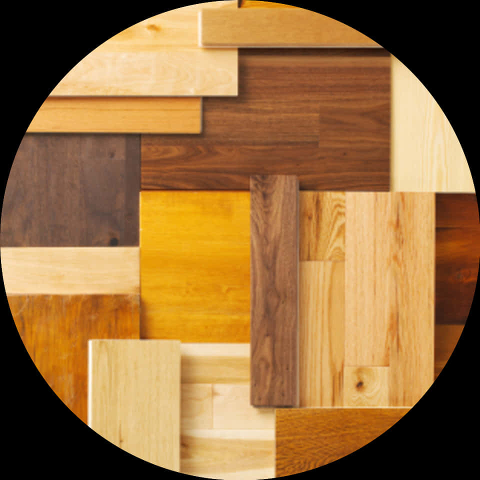 Wooden Floor 桌布 壁紙 — 圓形框架展示以暖色調層疊木板排列成的現代幾何圖案。