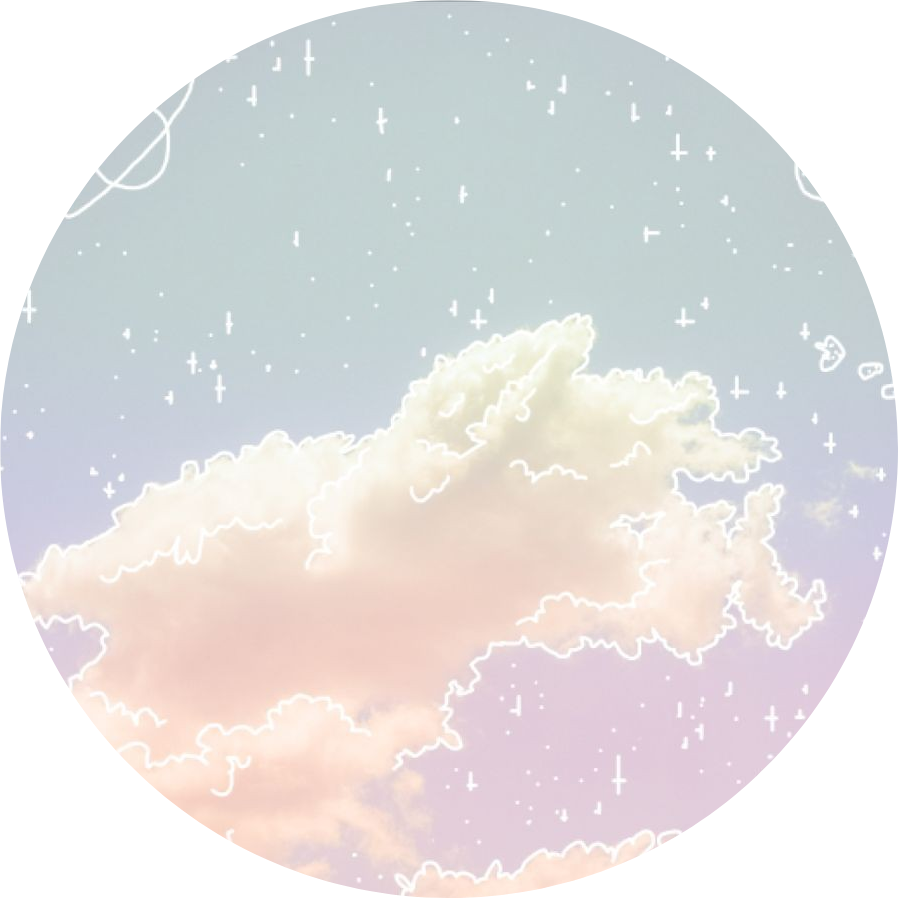 美學 Tumblr 桌布 壁紙 — 圓形框架展示柔和的粉彩雲朵，帶有白色輪廓，背景是漸變天空，點綴著細小的加號形星星。