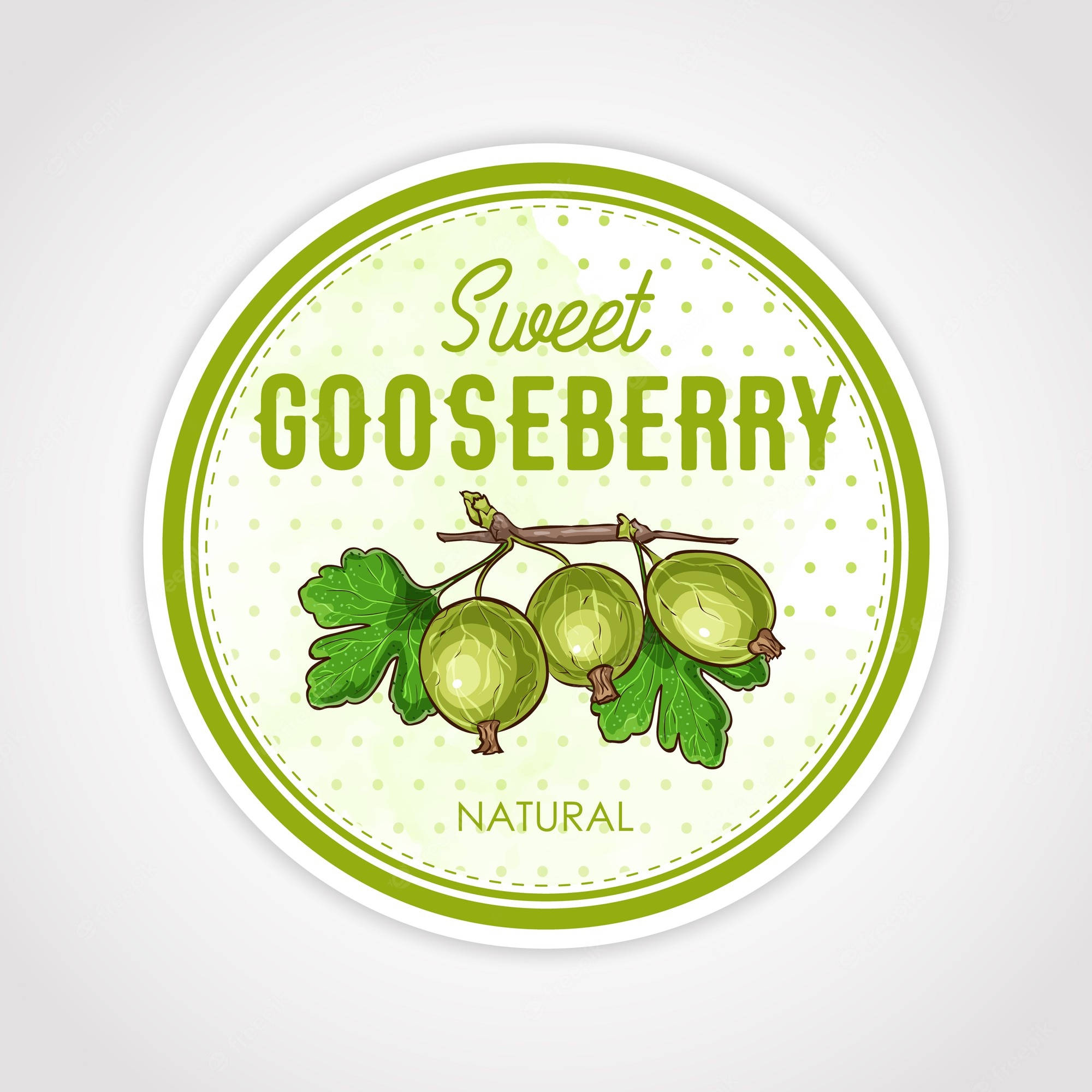 Fruits 桌布 壁紙 — 圓形標籤，帶有綠色鵝莓的樹枝，背景為圓點，文字為 sweet gooseberry natural。
