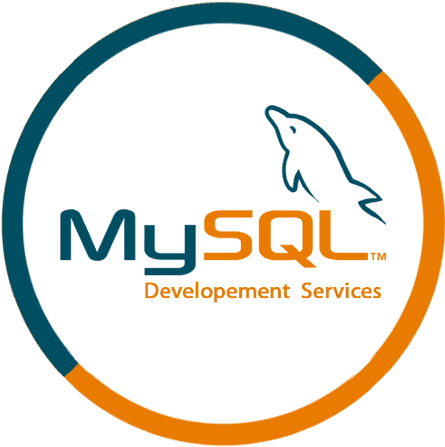 Mysql 桌布 壁紙 — 圓形標誌，帶有 MySQL 文字和藍綠色及橙色的海豚圖示，背景為白色。
