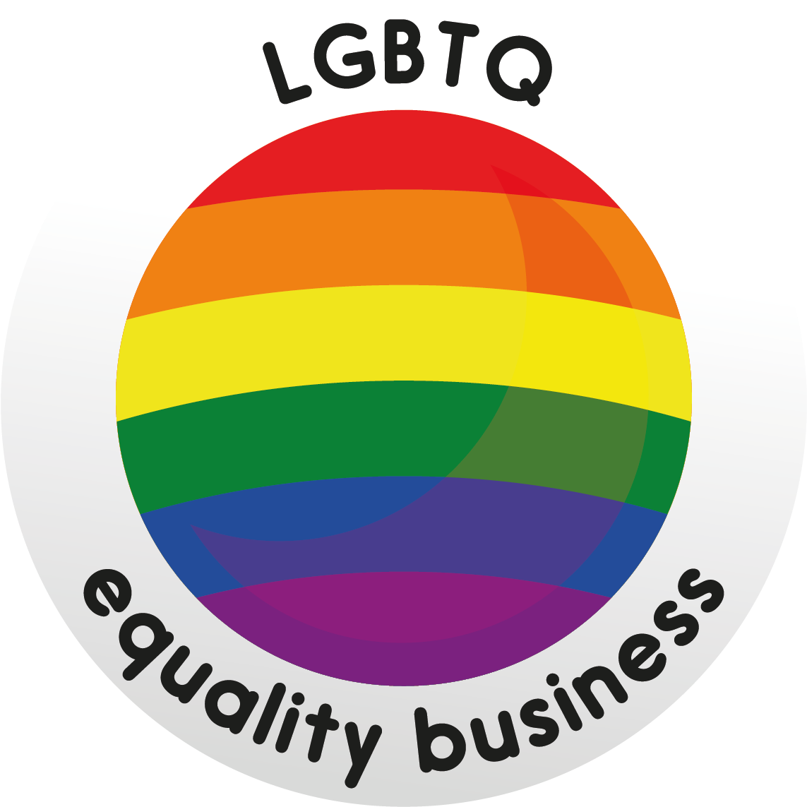 LGBT 桌布 壁紙 — 圓形標誌，帶有彩虹旗，邊緣環繞著LGBTQ和equality business字樣。