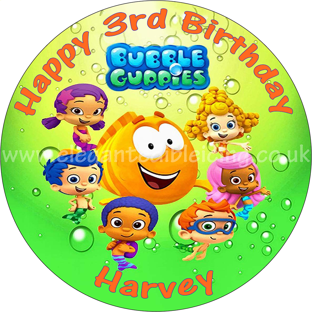泡泡小隊 桌布 壁紙 — 圓形生日蛋糕裝飾，Bubble Guppies 角色在綠色水中游泳，帶有氣泡和文字。