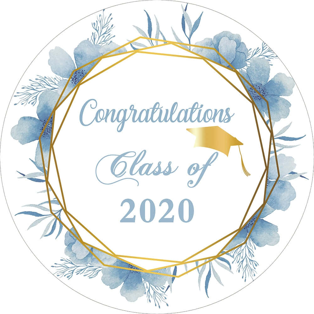 Congratulations 桌布 壁紙 — 圓形畢業徽章，帶有藍色水彩花卉和金色幾何邊框，慶祝2020屆畢業生。