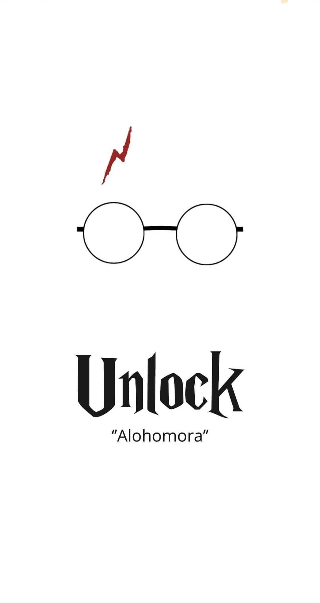 手機 桌布 壁紙 — 圓形眼鏡上方有紅色閃電和文字解鎖 Alohomora 的極簡插圖。