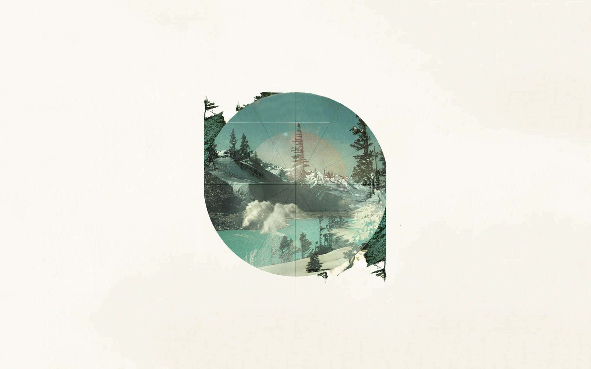 Minimal Art 桌布 壁紙 — 圓形窗戶展現出雪覆蓋的山景，有松樹和霧氣籠罩的山谷，天空是柔和的青綠色。
