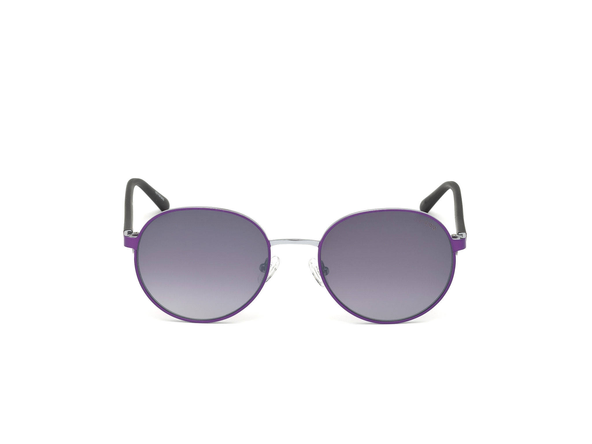 Sunglasses 桌布 壁紙 — 圓形紫色框太陽眼鏡，搭配漸層灰色鏡片和黑色鏡腳，置於潔白背景上。