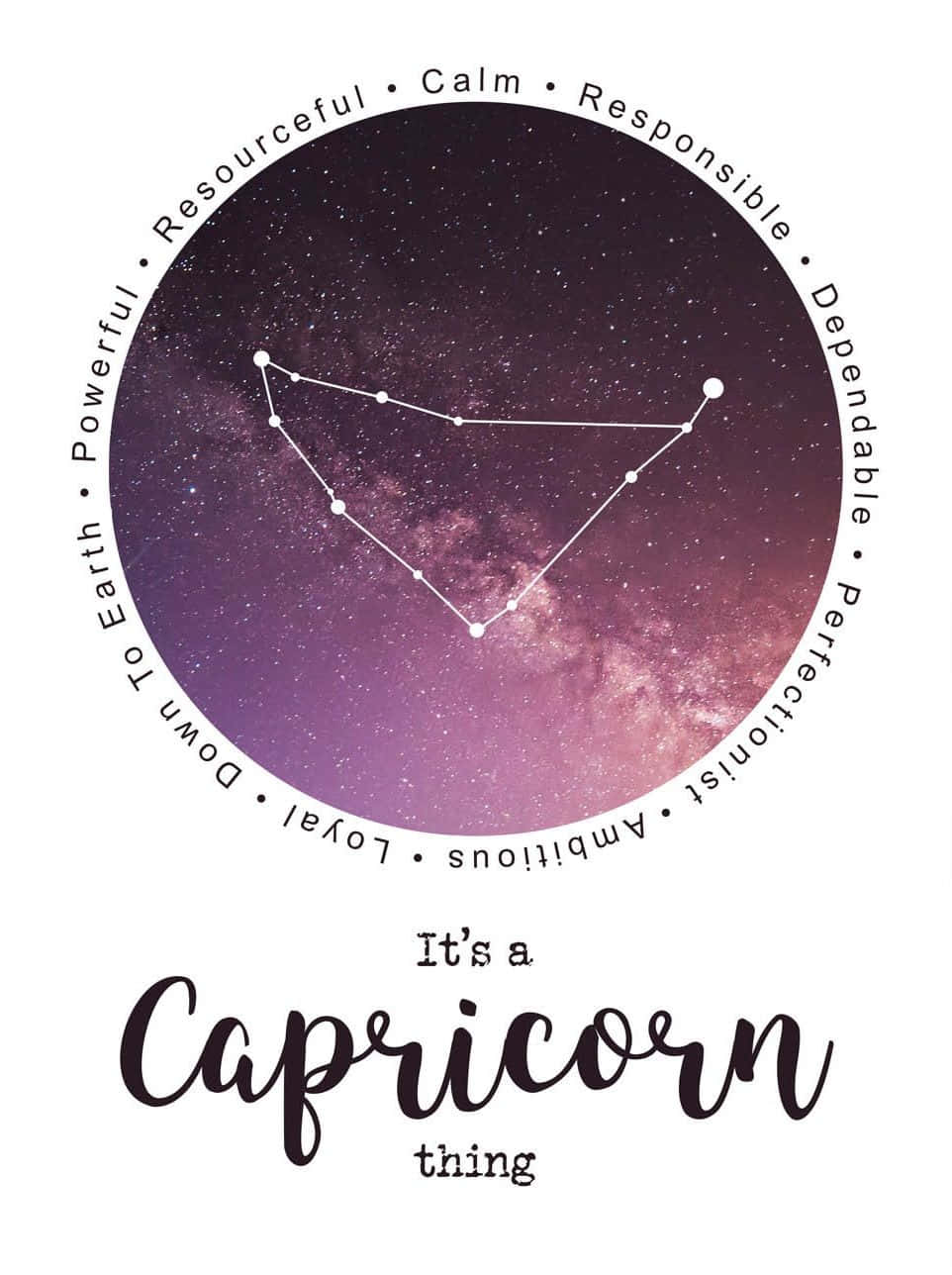 Capricorn Aesthetic 桌布 壁紙 — 圓形設計以紫色星空為背景，展示摩羯座星座，周圍環繞著「冷靜」和「負責任」等特質。