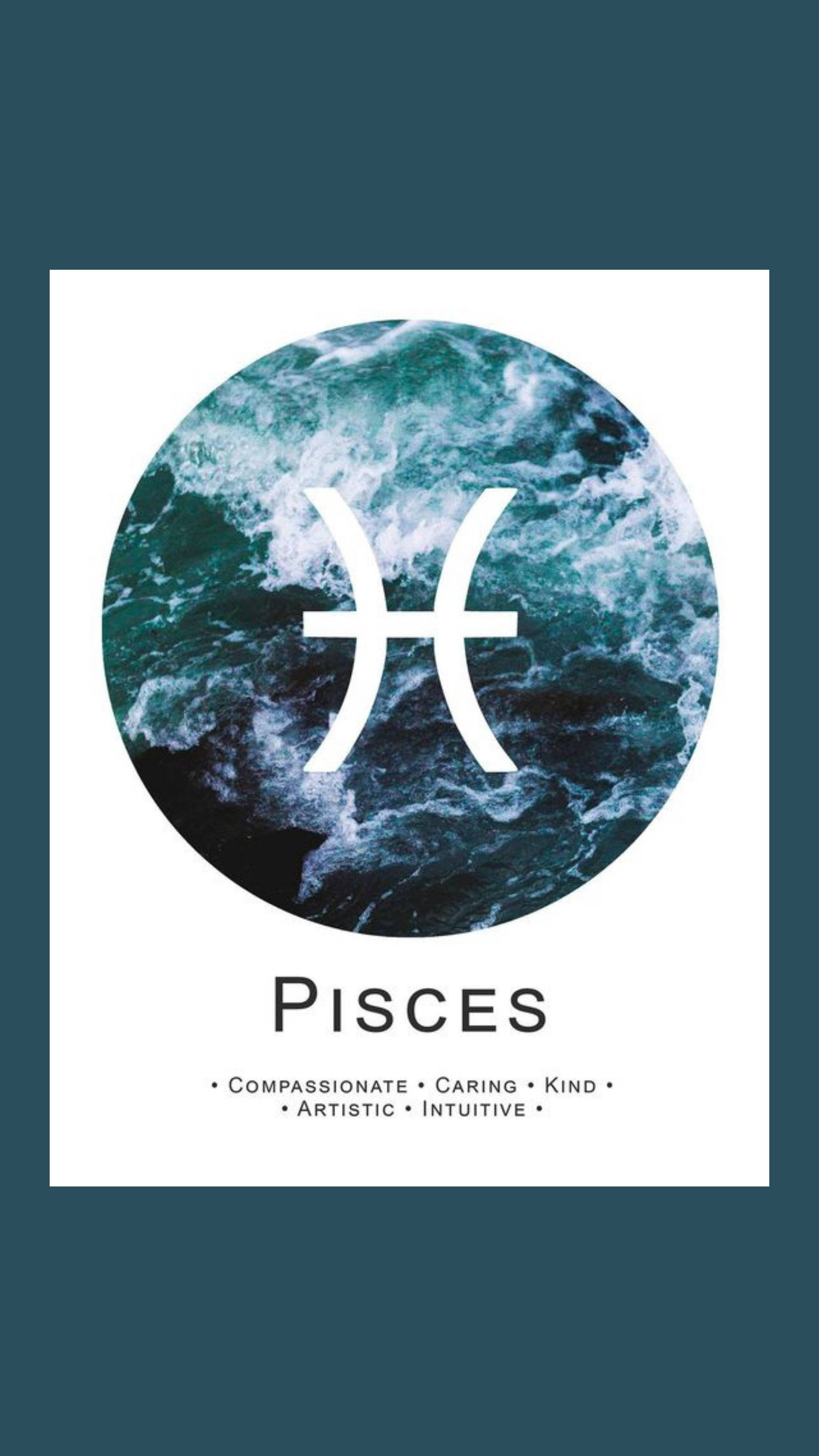 雙魚座 桌布 壁紙 — 圓形設計在洶湧的海浪背景上展示雙魚座星座符號，下方有文字。