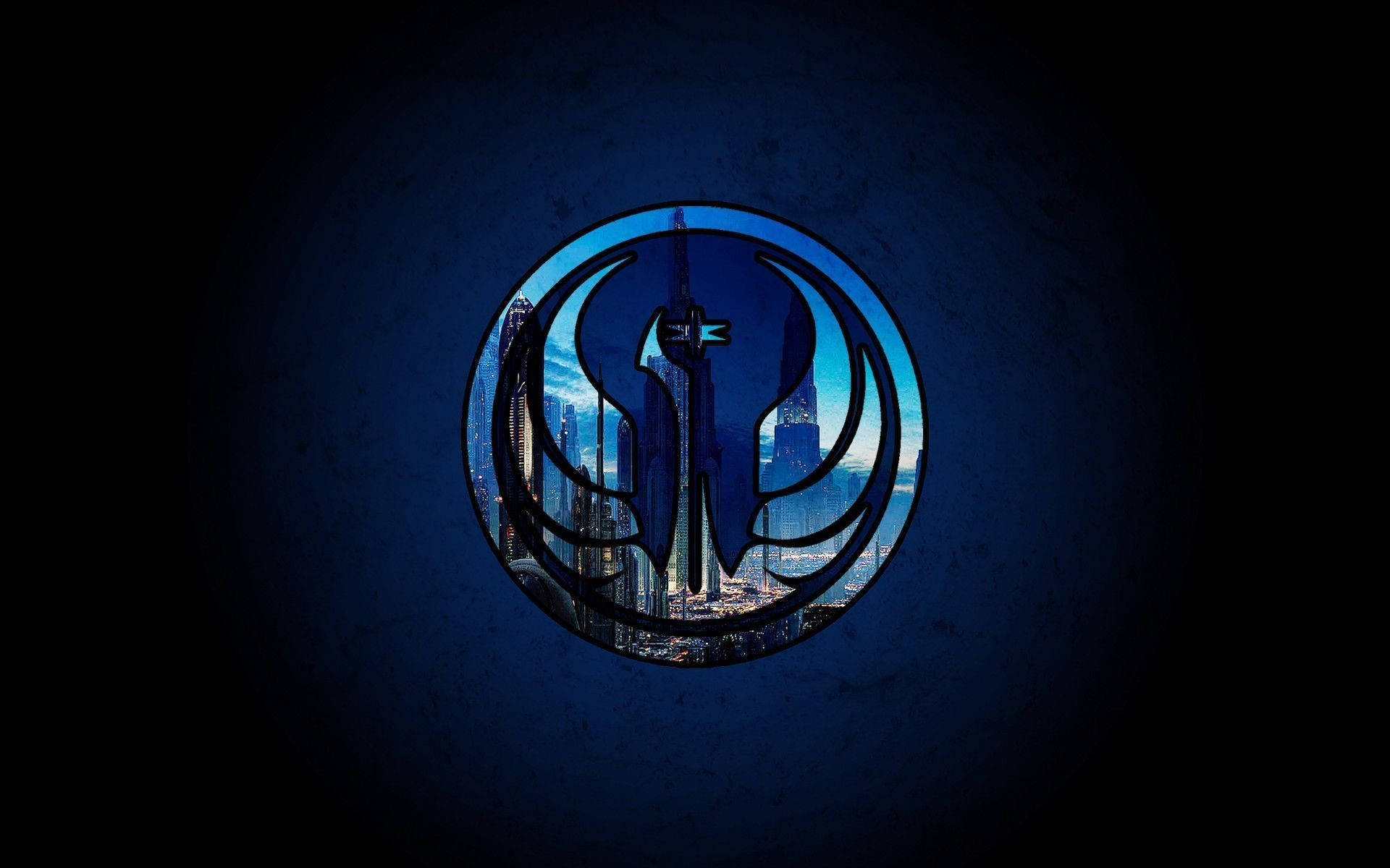 Star Wars Logo 桌布 壁紙 — 圓形黑武士剪影框住未來城市天際線，背景為深藍色紋理。