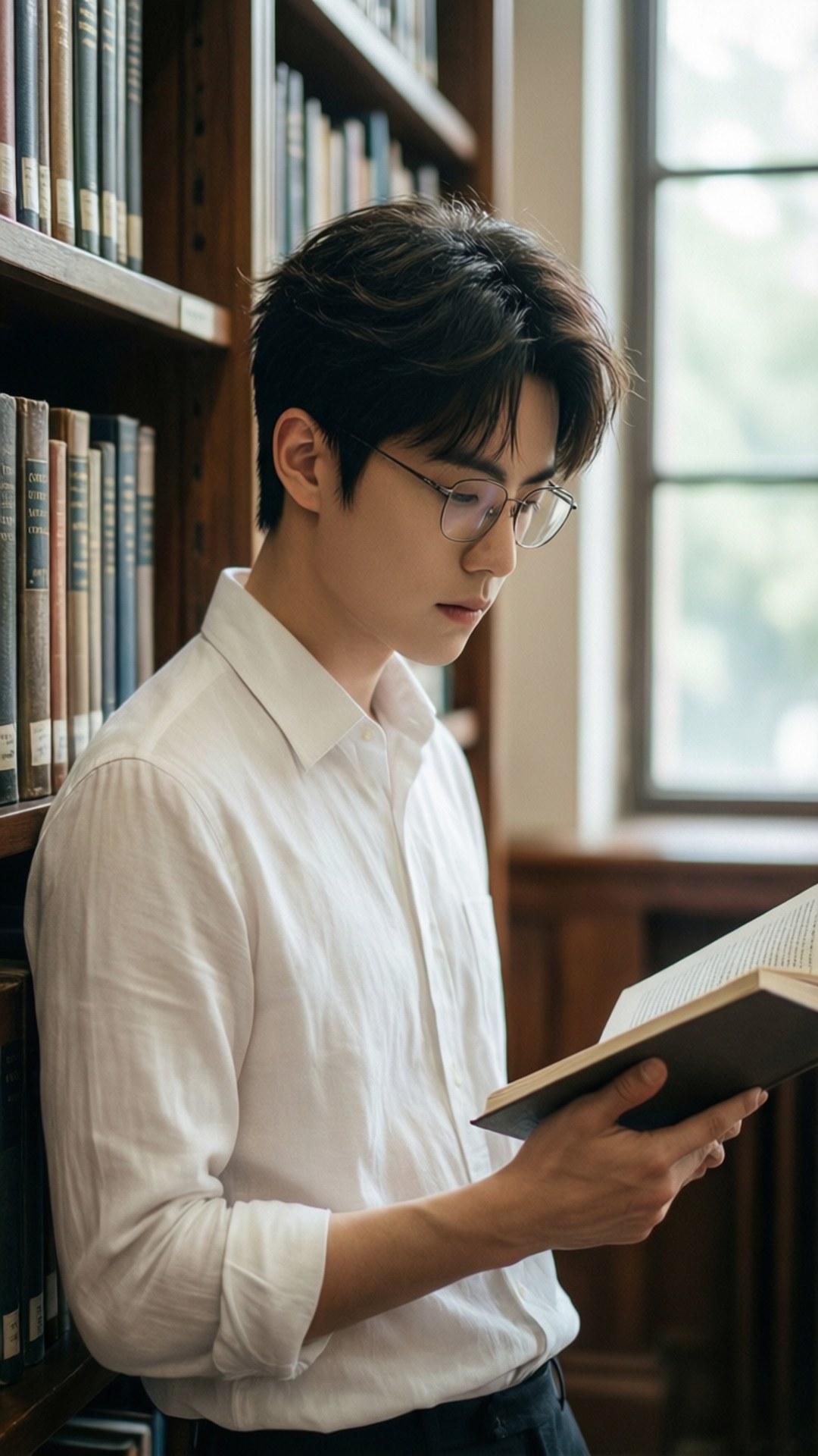 圖書館中的學者 壁紙 — 一位戴眼鏡、身穿白襯衫的年輕男子在木鑲板圖書館的窗邊看書。