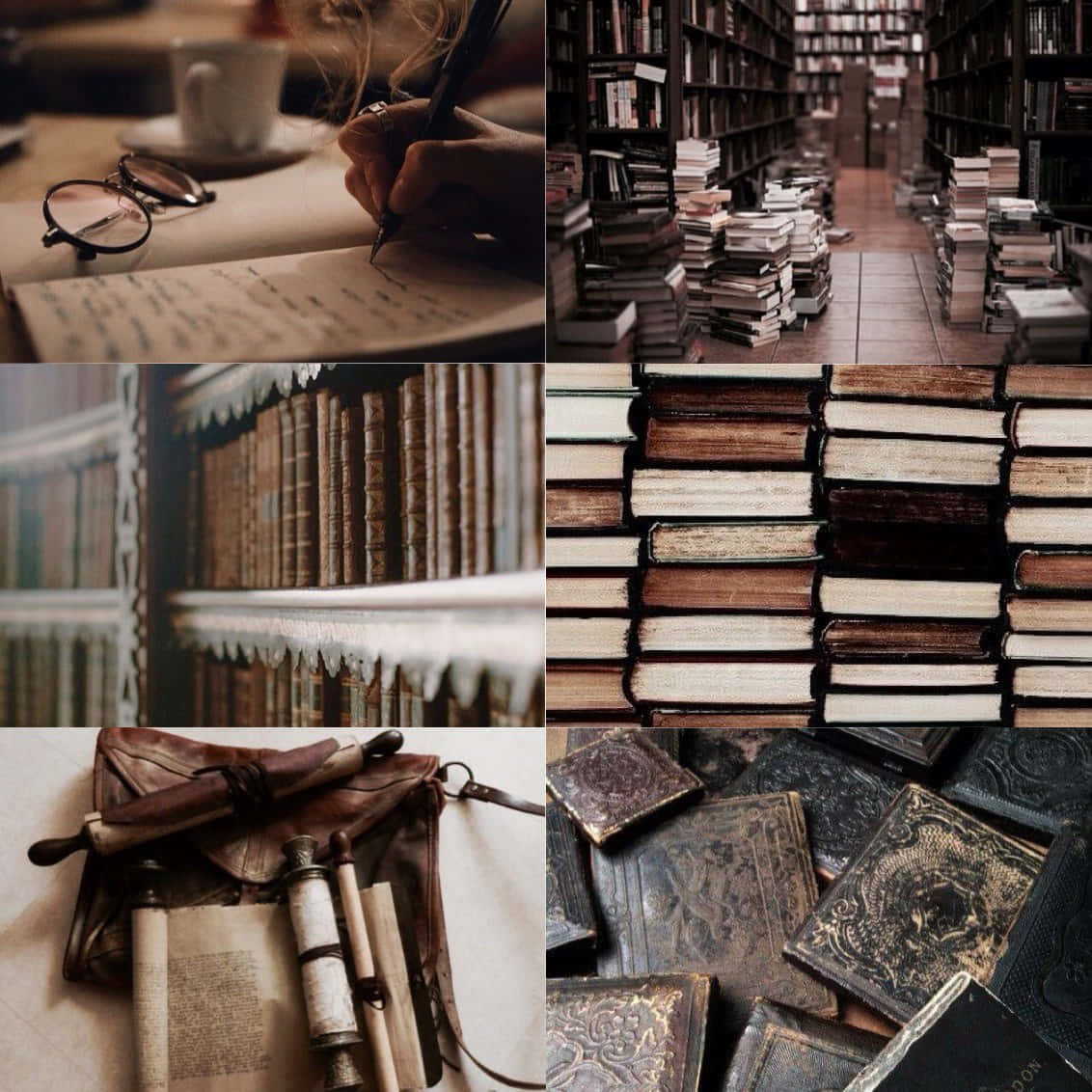 Aesthetic Books 桌布 壁紙 — 圖書館和書房中帶有溫暖燈光和學術工具的復古書籍拼貼畫。