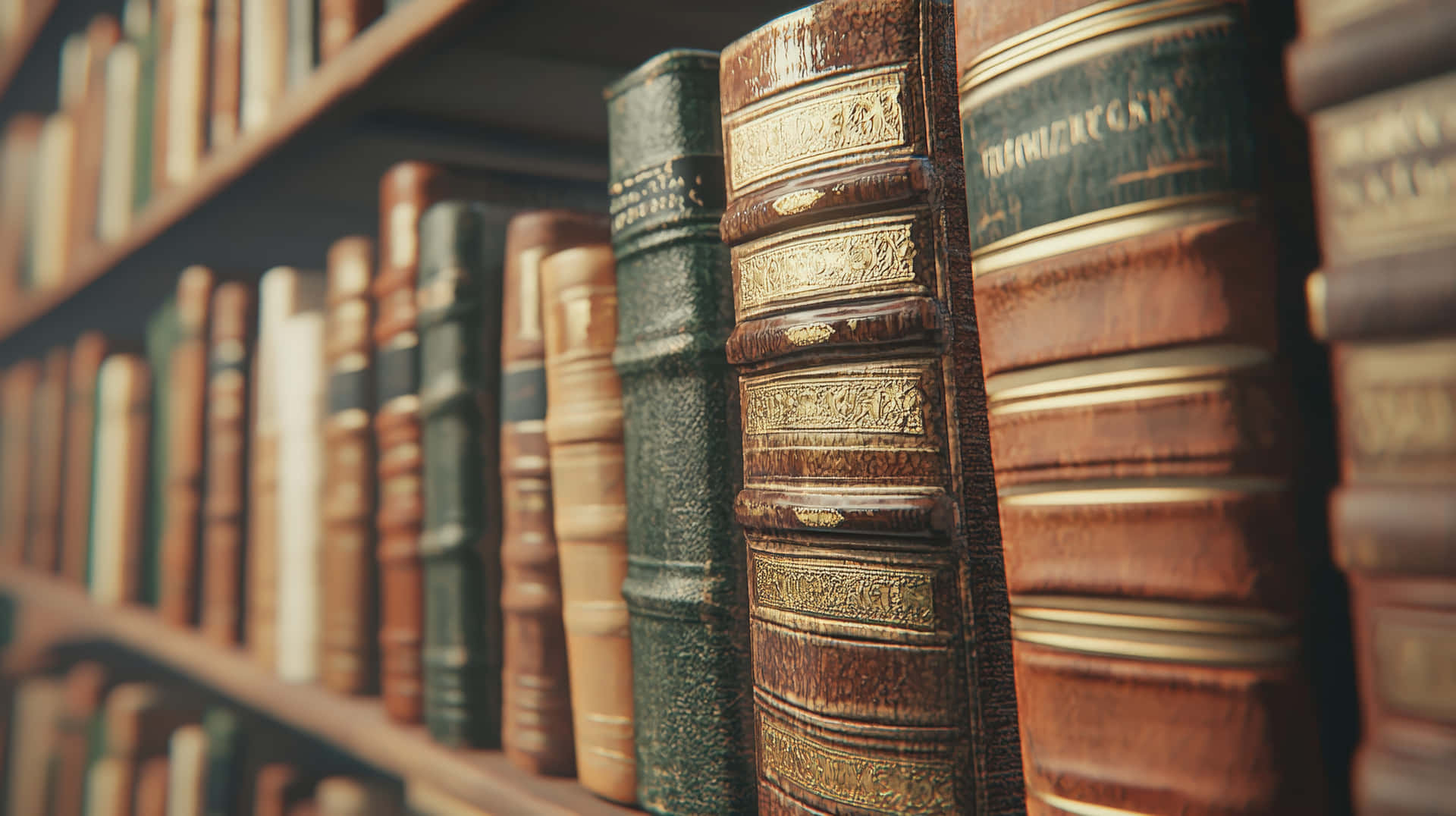 Close-up of vintage books on a wooden shelf in a dimly lit library. 壁紙 — 圖書館木架上復古皮革裝訂書籍的特寫，帶有金色壓花。