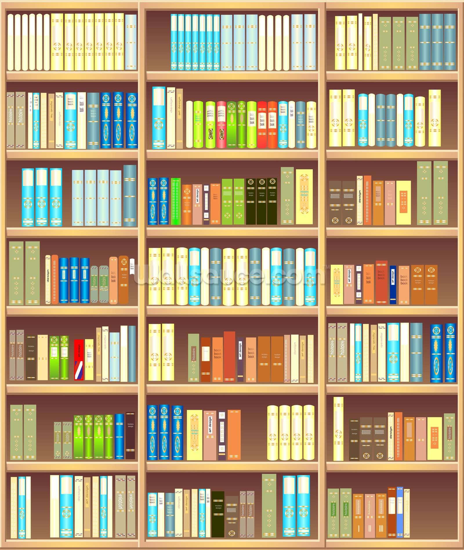 書本 桌布 壁紙 — 圖書館環境中，高大的木書架上整齊排列著色彩繽紛的書籍。