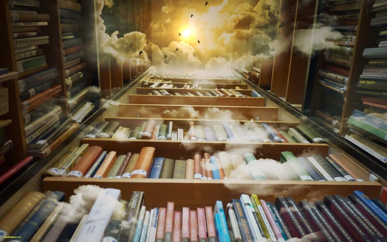 圖書館藏書與天空中的雲朵 壁紙