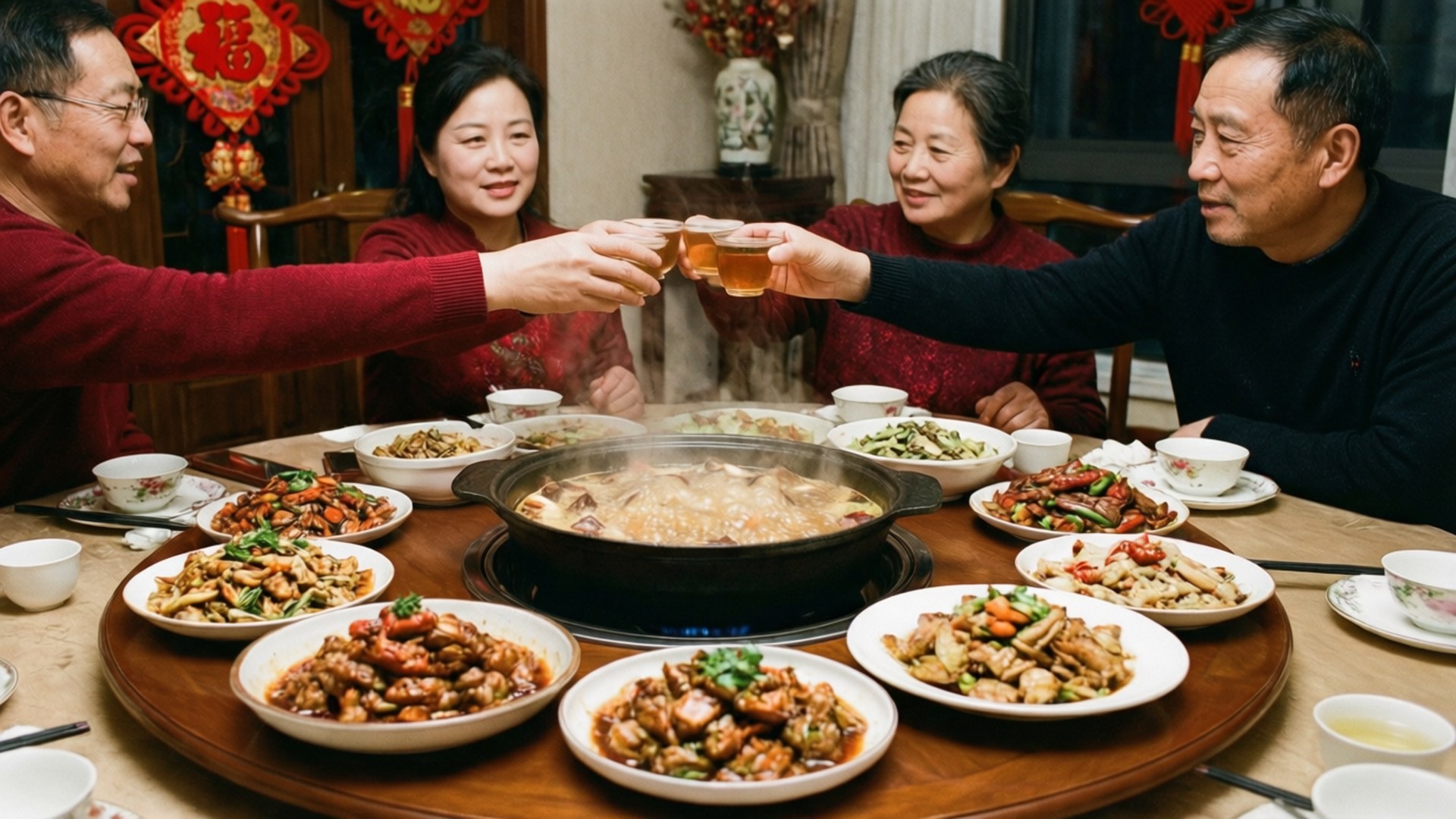 一家人圍坐在年夜飯旁。