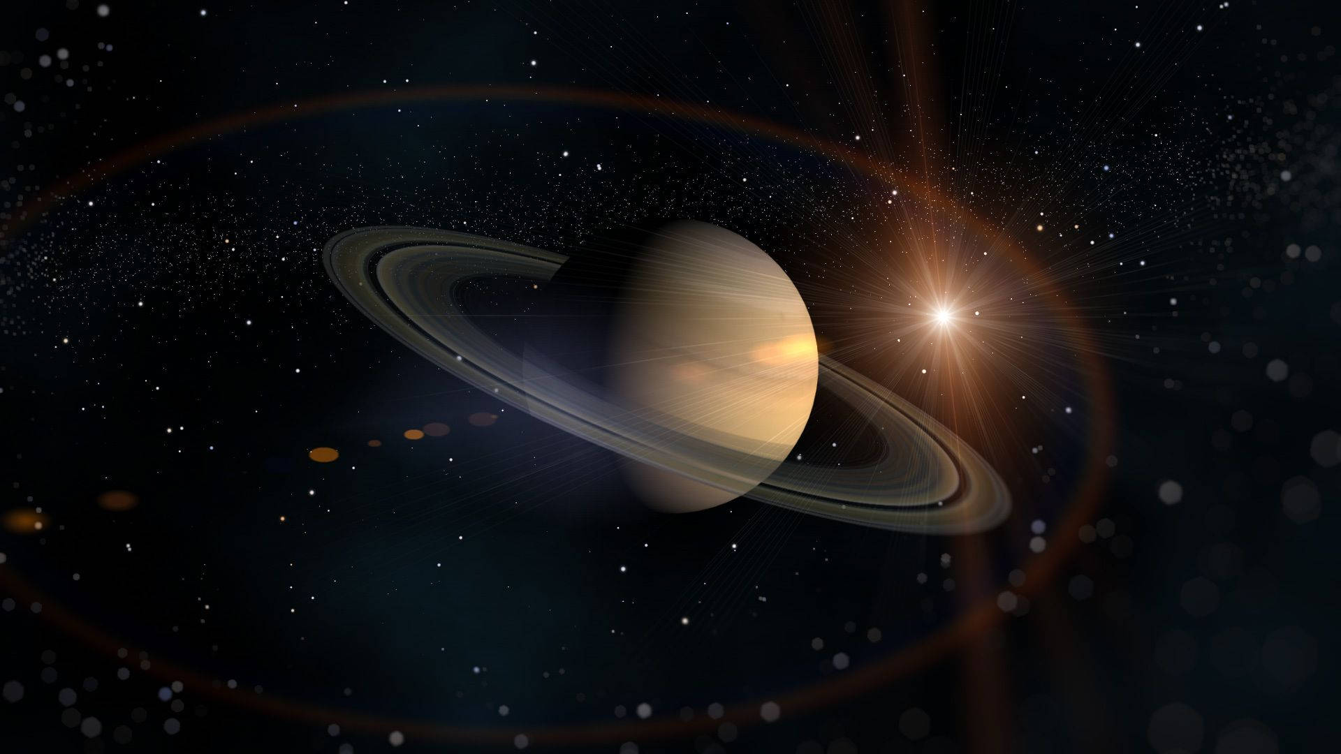土星 桌布 壁紙 — 土星以其標誌性的光環在星空中柔和地發光，背後耀眼的太陽光芒照亮了場景。