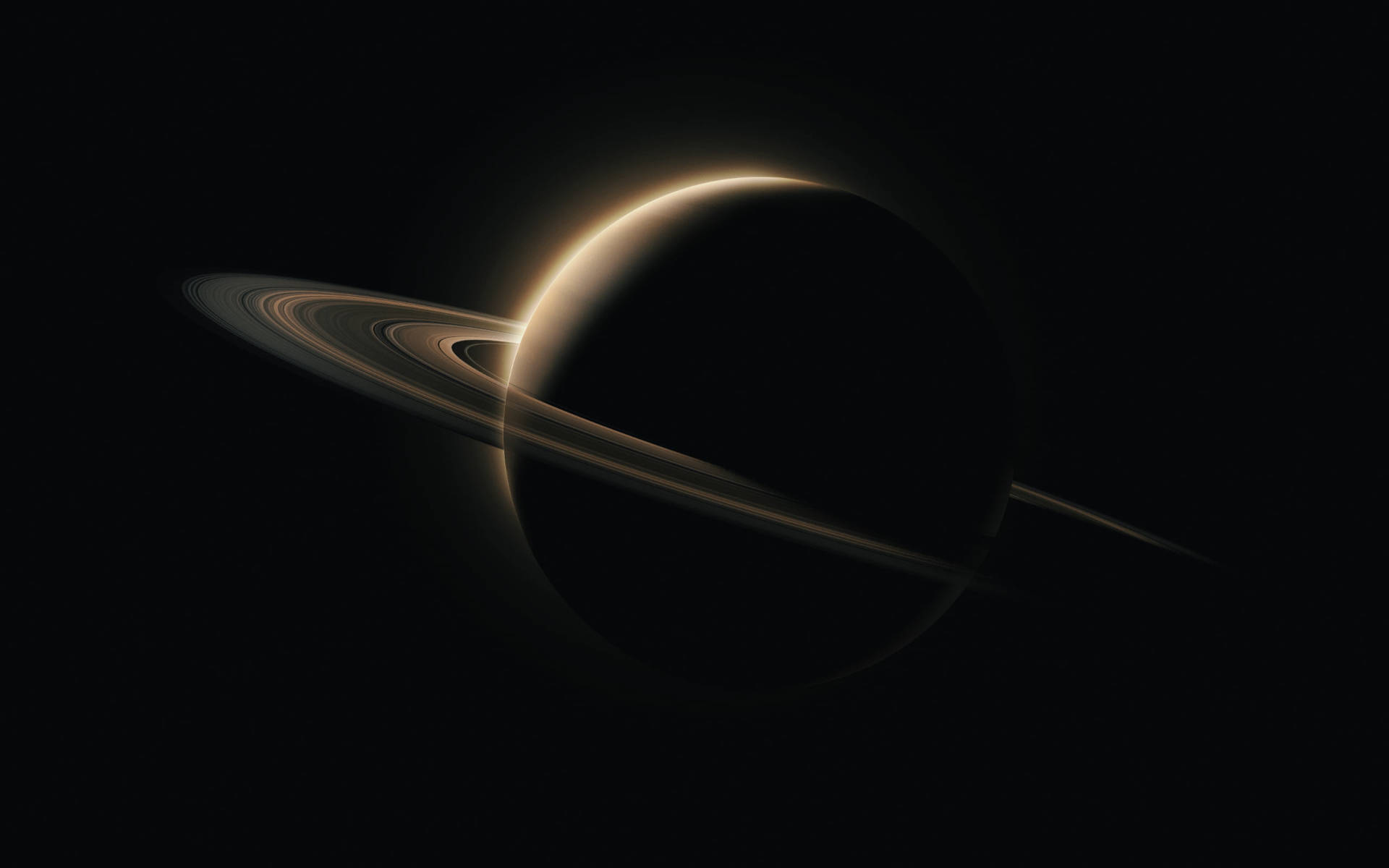 Black Planet 桌布 壁紙 — 土星在日出時的壯麗景色，其標誌性光環在太空的黑色虛空中閃耀。