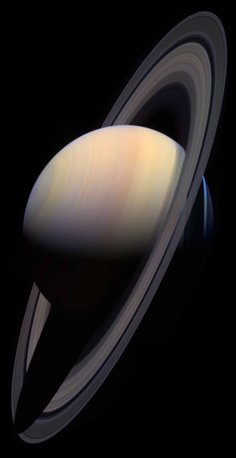 土星 桌布 壁紙 — 土星在虛空中柔和地發光，其標誌性環在深空中投下銳利的陰影。