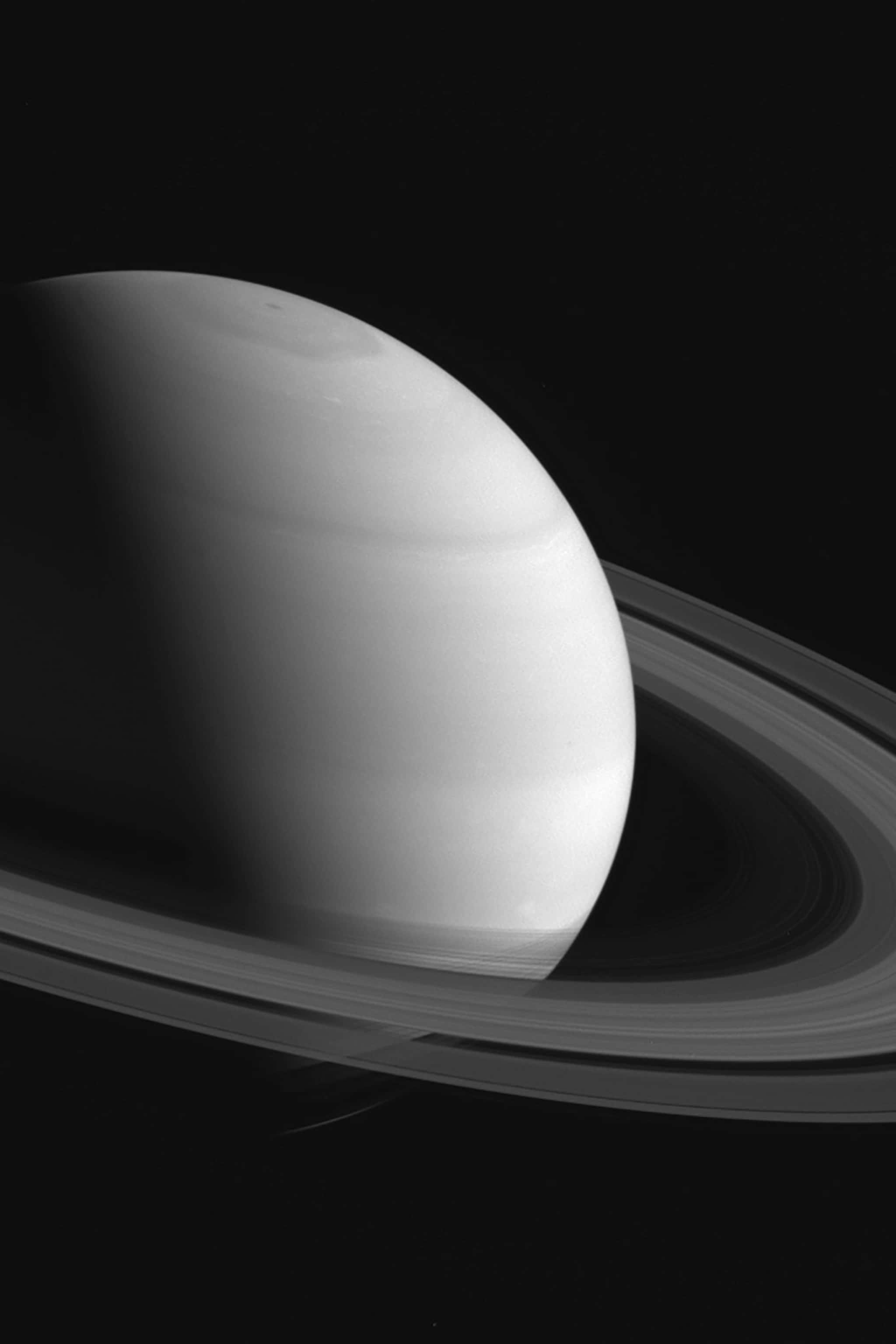 土星 桌布 壁紙 — 土星的單色特寫，展示其標誌性的環和條紋大氣，背景是太空的虛空。