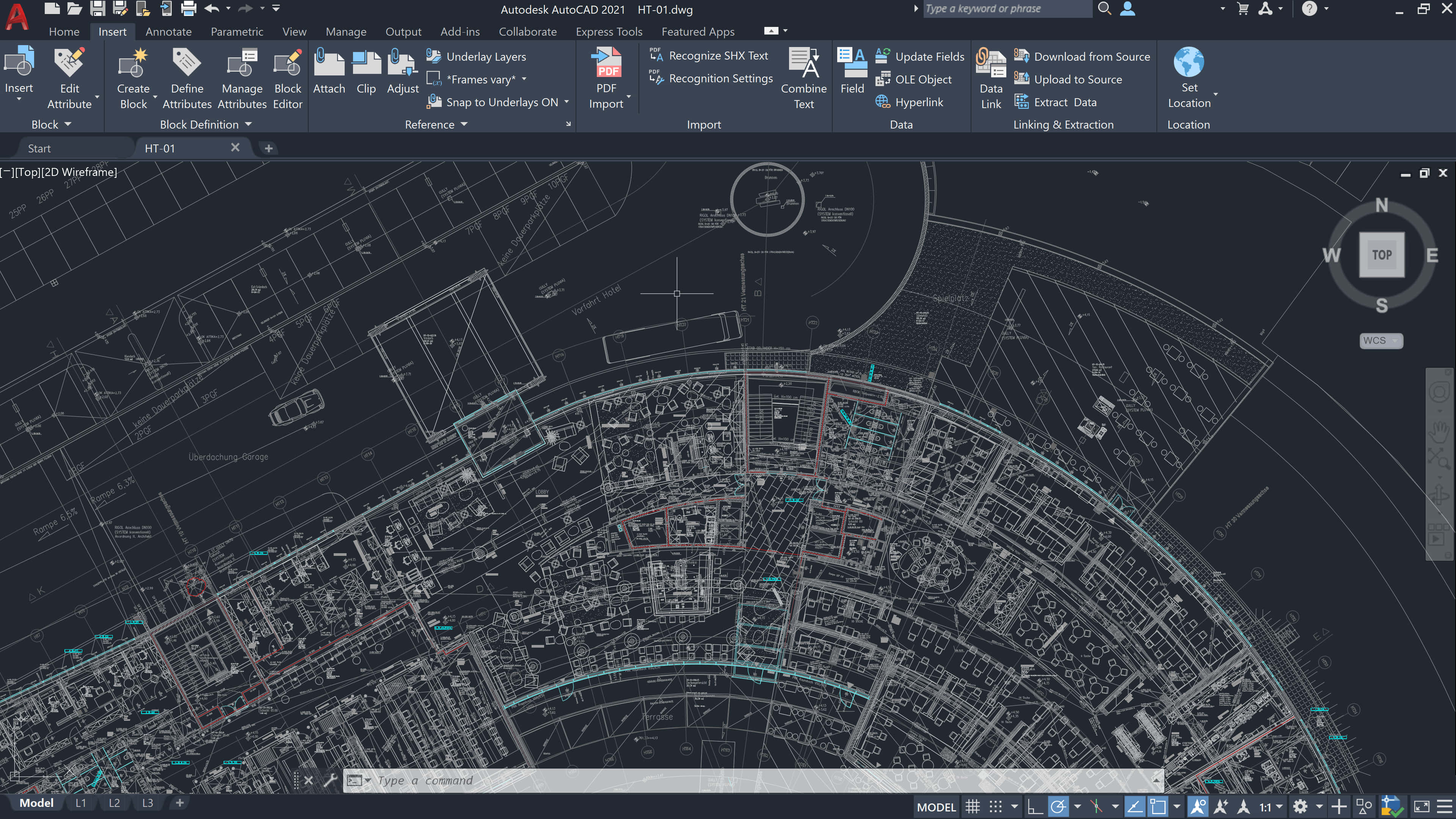 3840x2160 動態圖片 桌布 壁紙 — 在 Autodesk AutoCAD 軟體介面中顯示的詳細建築藍圖，包含技術圖紙和工具列。