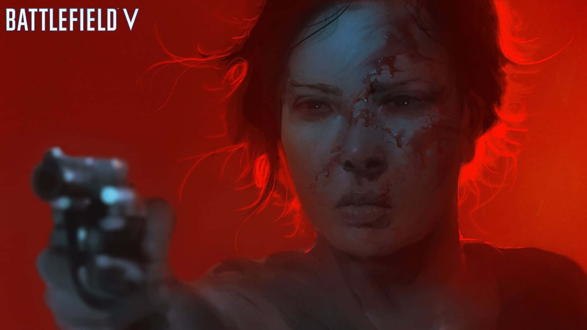 1080p Battlefield V 桌布 壁紙 — 在《Battlefield V》中，一個渾身是血的士兵帶著堅定的眼神，在火紅的背景下瞄準一把手槍。