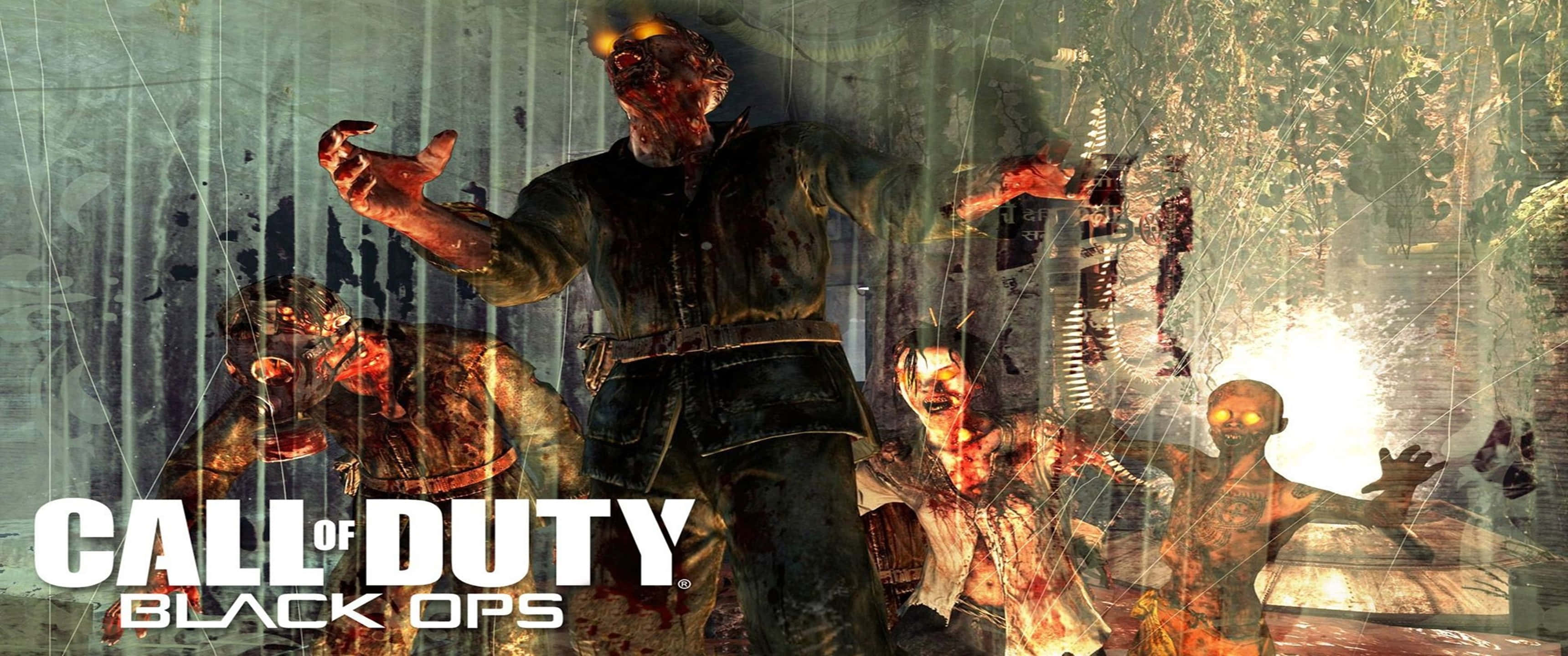 使命召喚 桌布 壁紙 — 在《Call of Duty Black Ops》的破碎玻璃環境中，擁有發光眼睛和沾滿血的手的殭屍向前伸出。