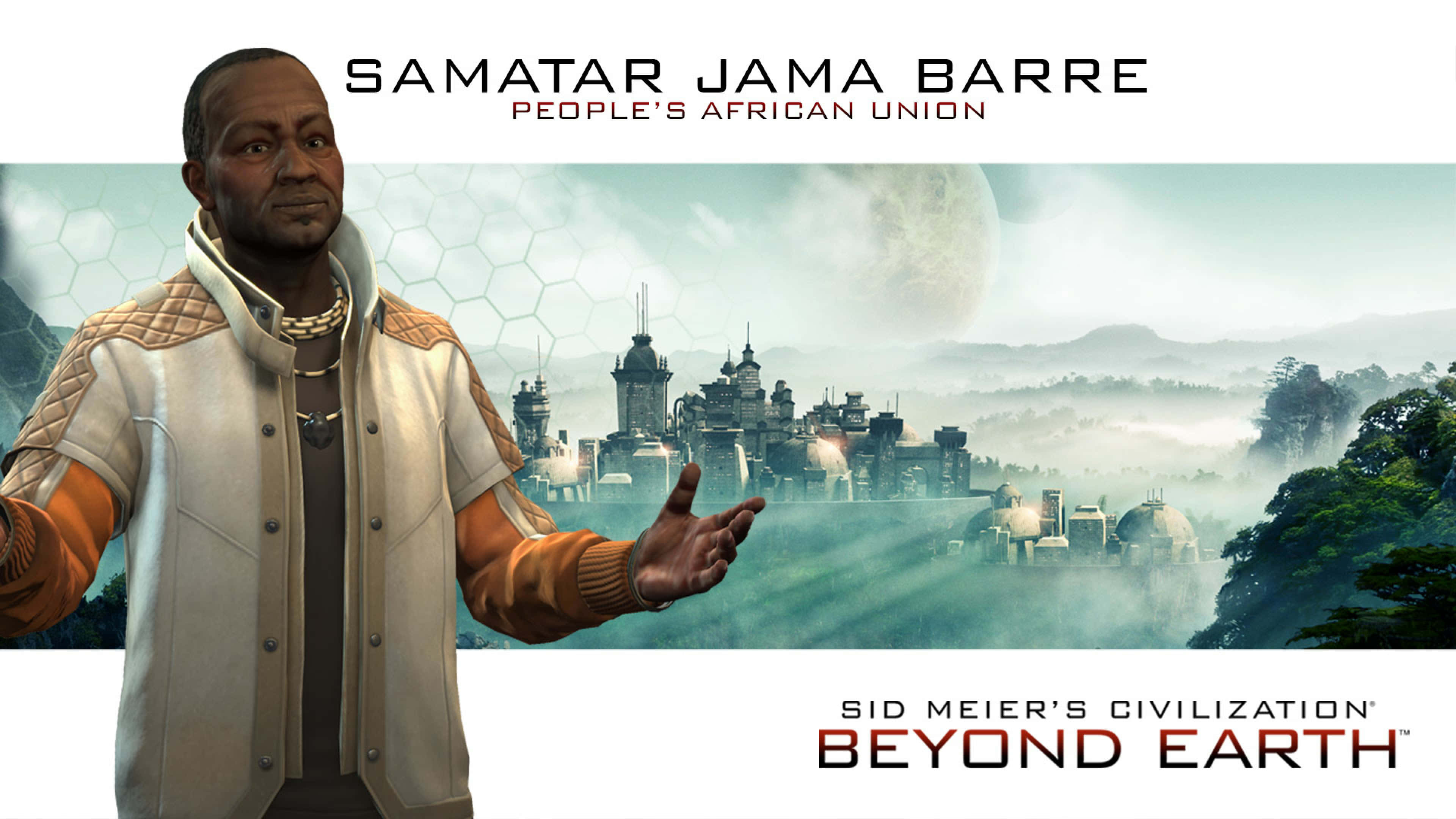 電玩遊戲 桌布 壁紙 — 在《Civilization Beyond Earth》的宣傳圖片中，一名穿著未來風格服裝的男子向著大月亮下霧氣瀰漫的外星城市景觀做手勢。