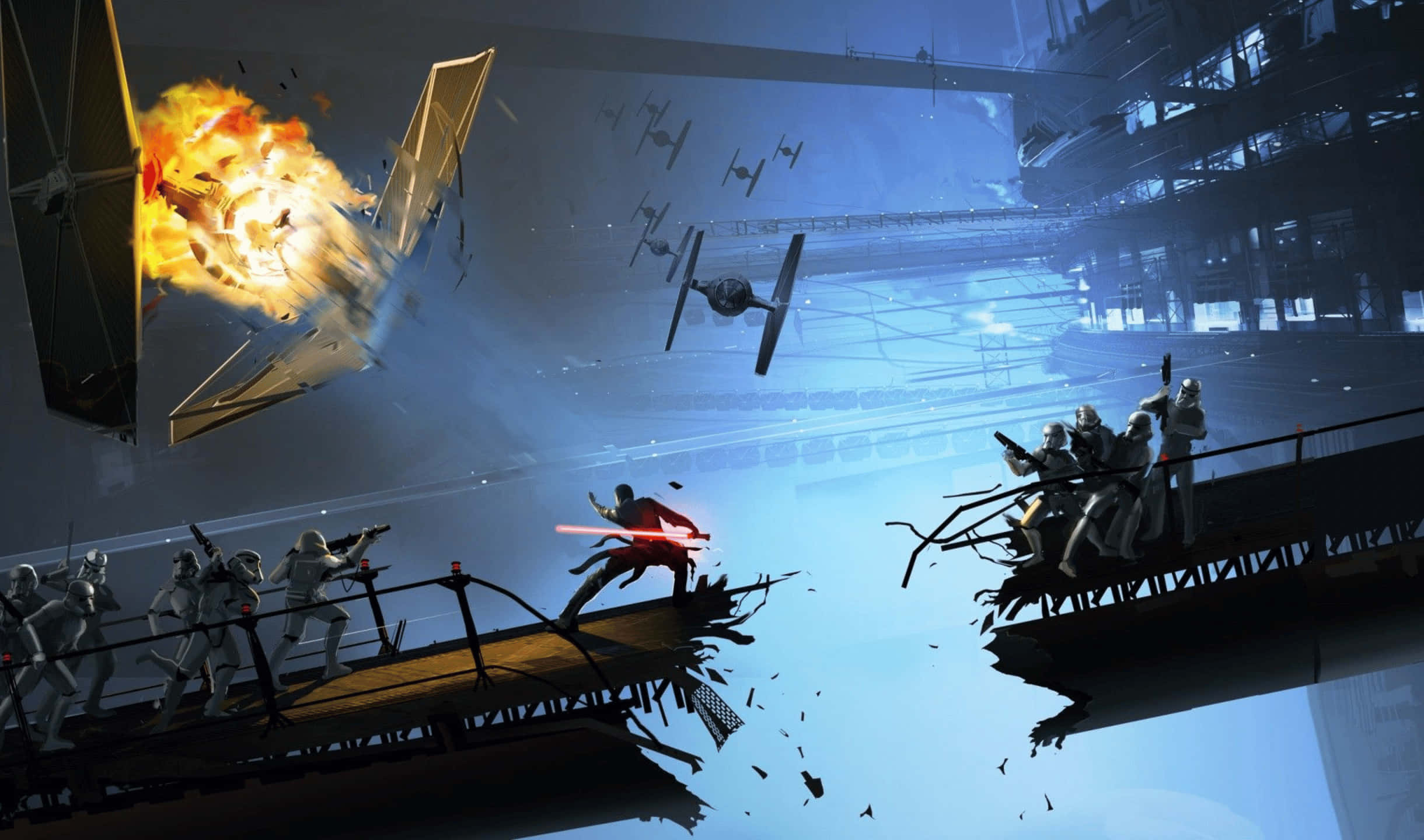 Tie Fighter 桌布 壁紙 — 在 crumbling 工業平台上，一場星際大戰光劍決鬥在爆炸的鈦戰機和風暴兵中爆發。