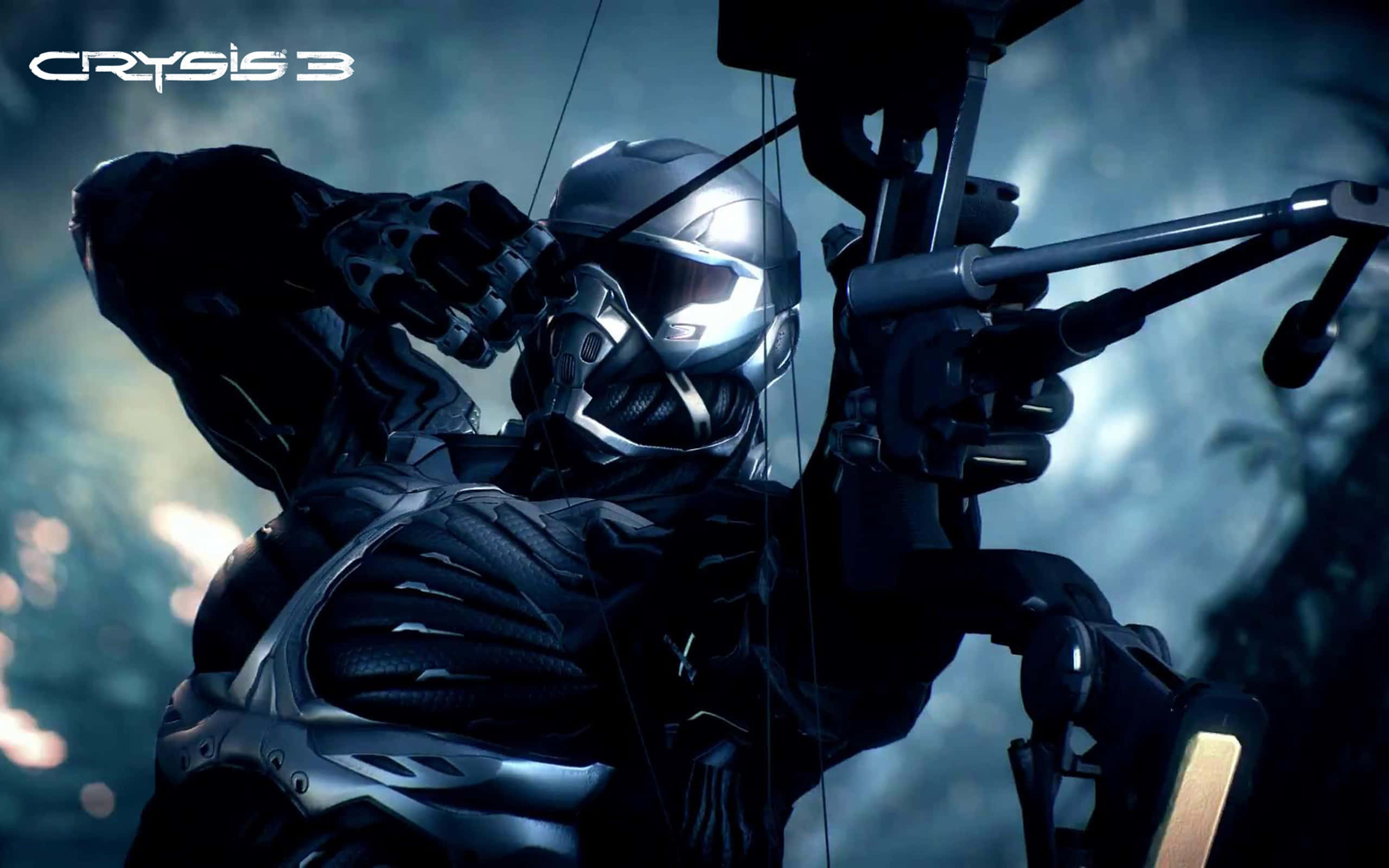 Crysis 3 桌布 壁紙 — 在《Crysis 3》中，一名身穿未來盔甲的士兵在霧氣瀰漫的叢林背景下拉開一把高科技弓。