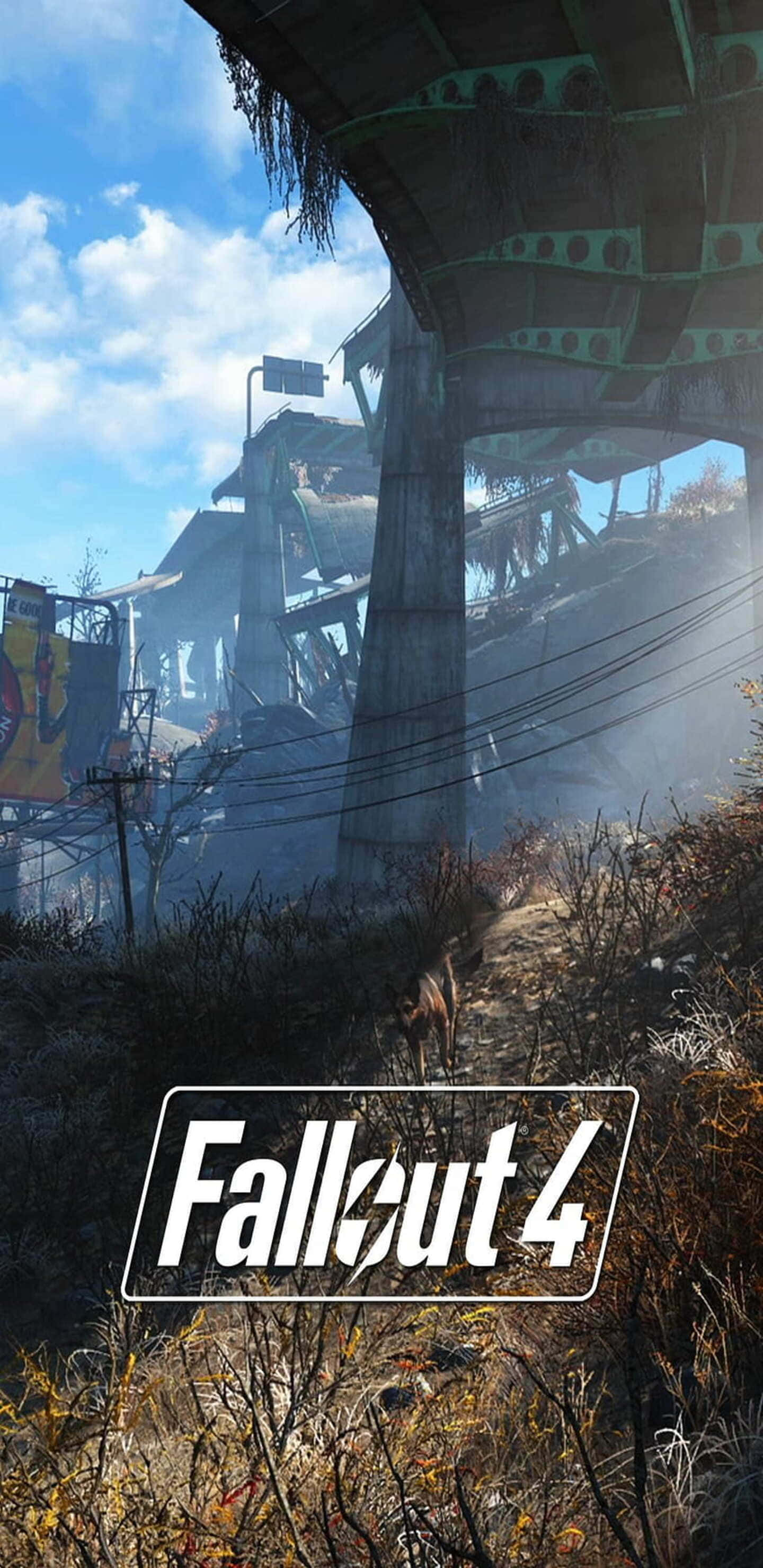 Pixel 3xl Fallout 76 桌布 壁紙 — 在《Fallout 4》中，一座廢棄的高架橋在明亮的藍天下聳立在雜草叢生的荒地上。