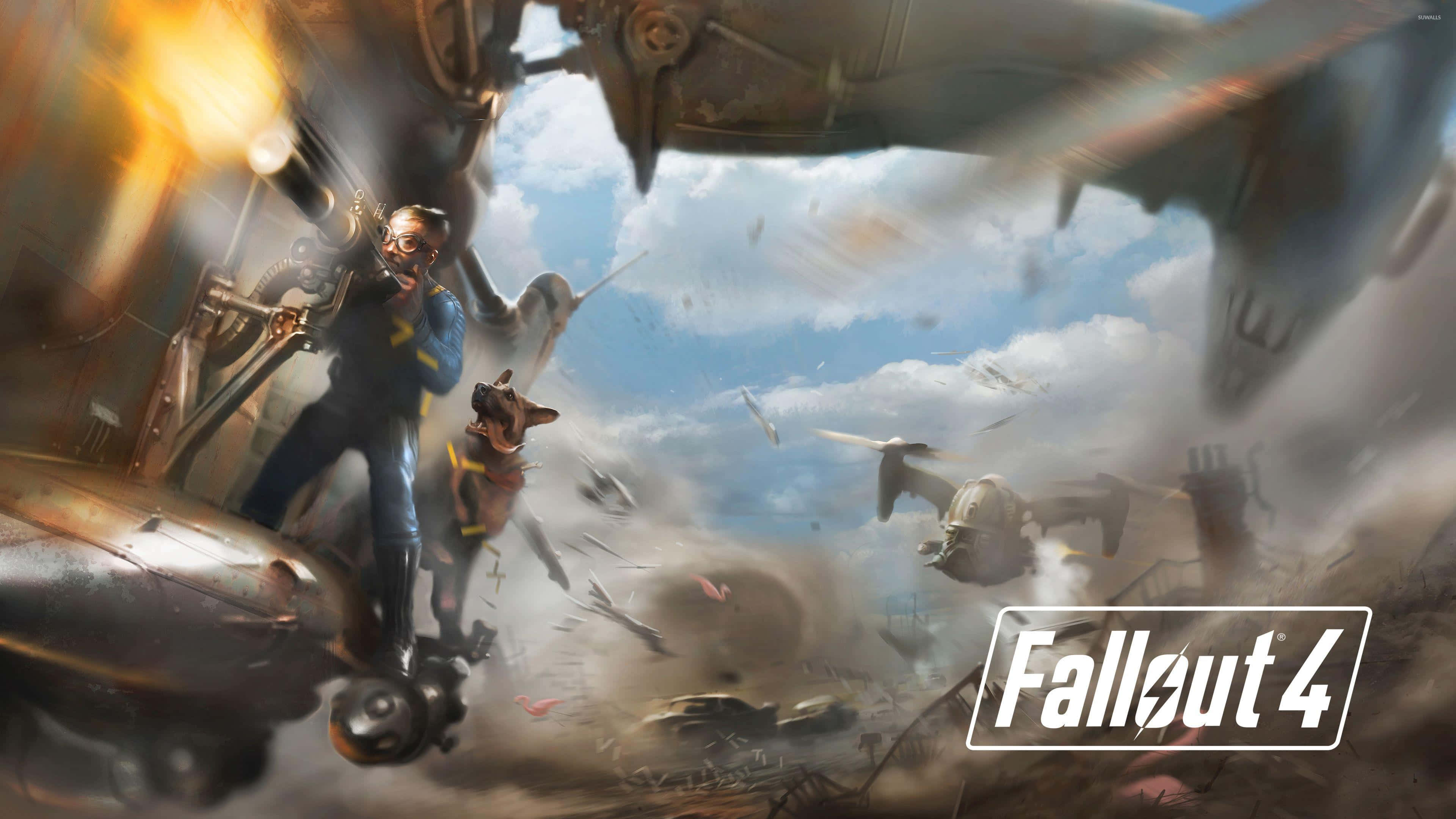 桌布 壁紙 — 在 Fallout 4 的明亮天空下，一個避難所居民和他的狗在飛舞的無人機和殘骸中戰鬥。
