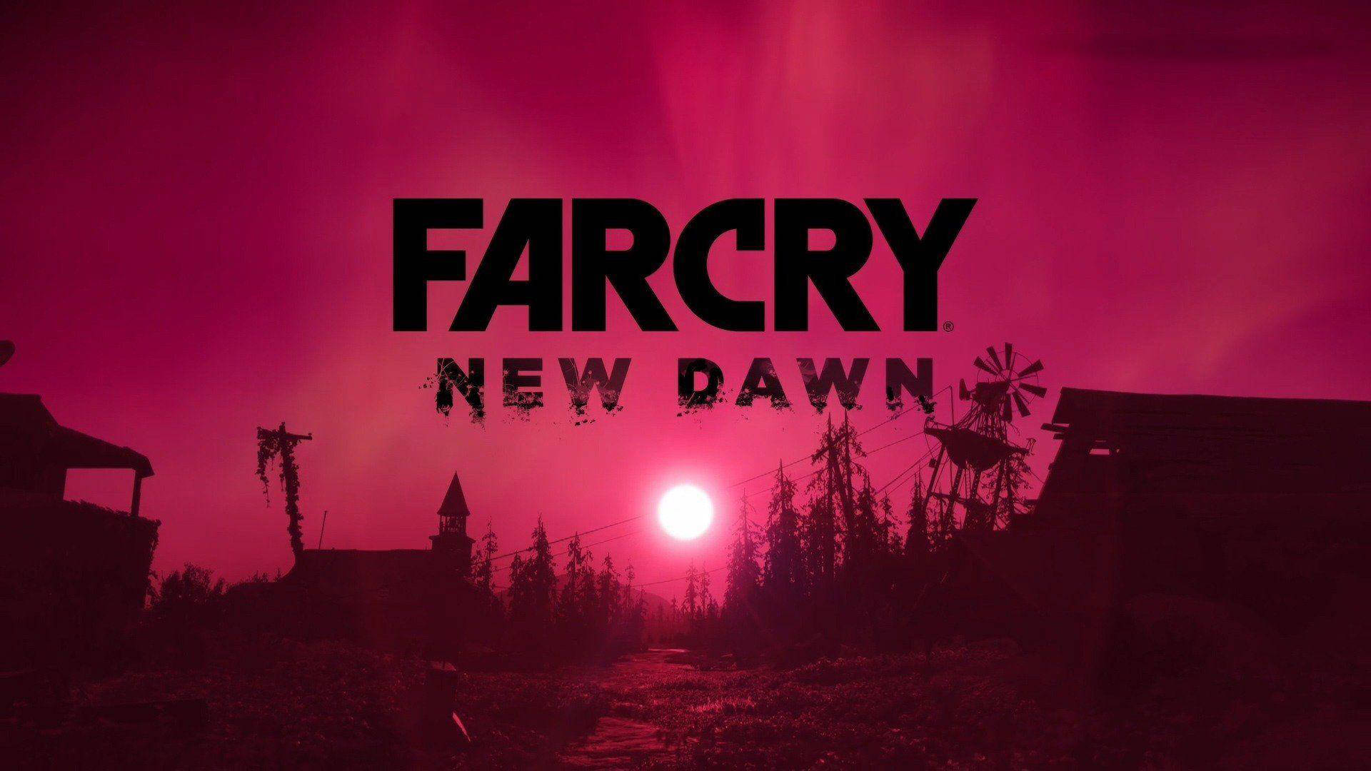 New 桌布 壁紙 — 在《Far Cry New Dawn》標誌下，廢墟村莊上空籠罩著詭異的粉紅色日落，建築物和風車的剪影清晰可見。
