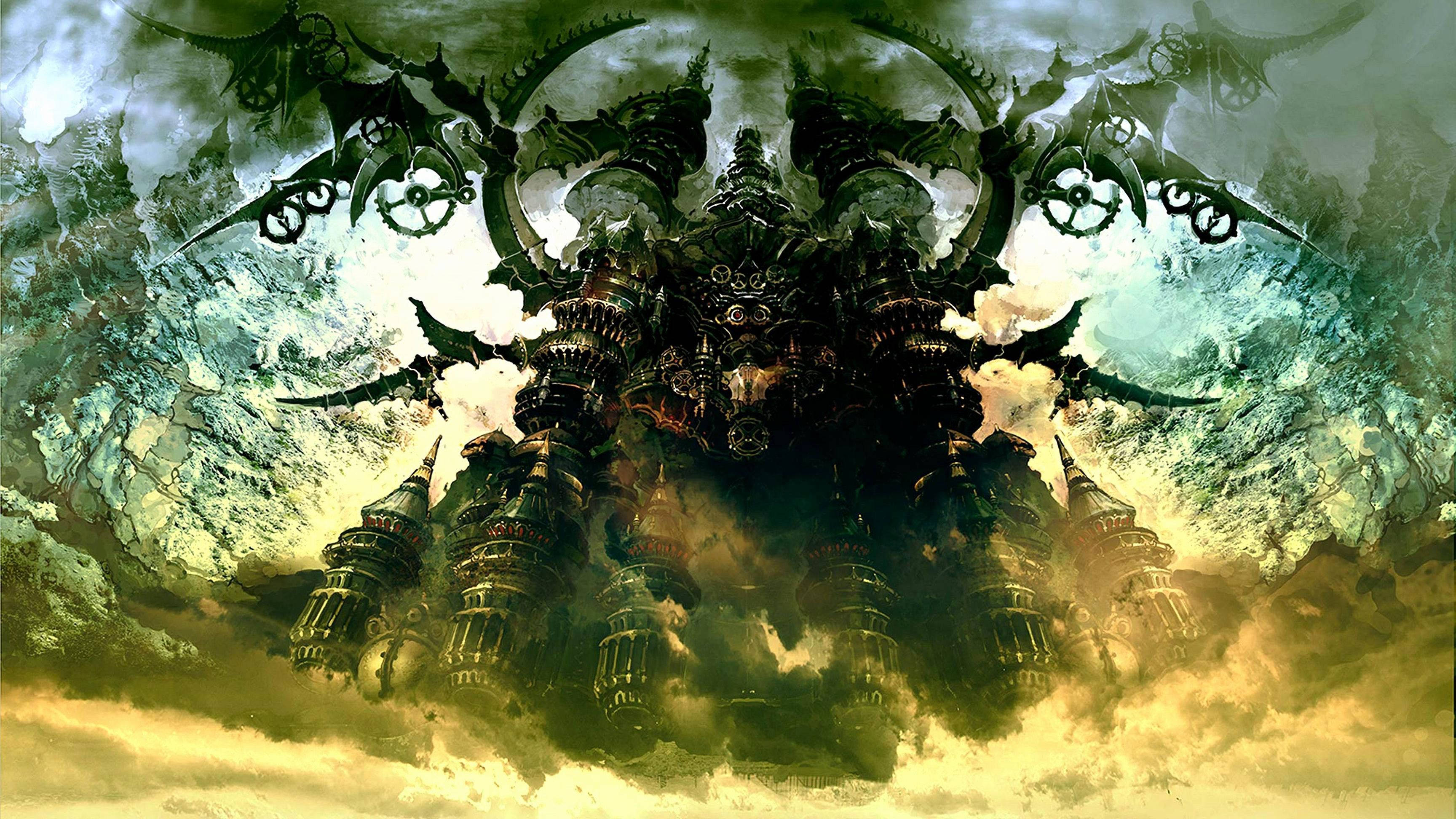在 Final Fantasy XIV 中挑戰世界最艱難的戰鬥 壁紙 — 一個巨大的生物機械怪物，長有尖刺翅膀和齒輪，籠罩在風暴密佈的天空中。