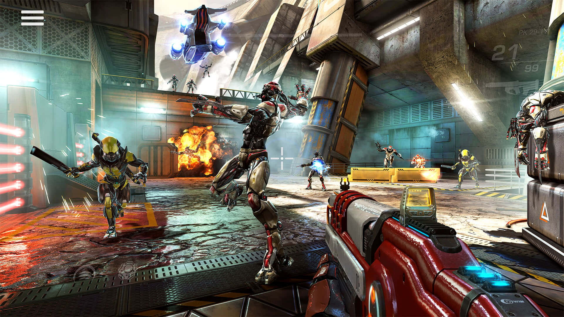 First-person Shooter Games 桌布 壁紙 — 在 gritty 未來工業競技場中，以第一人稱射擊動作呈現爆炸與裝甲戰鬥人員。