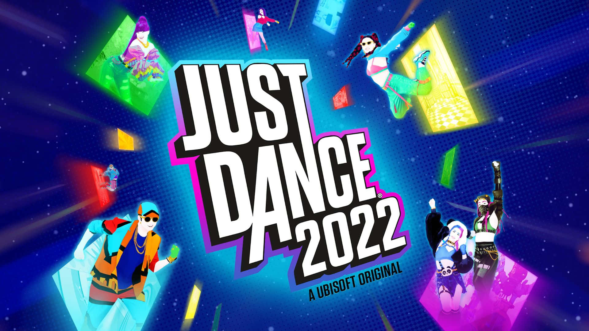 Just Dance 桌布 壁紙 — 在《Just Dance 2022》中，充滿活力的霓虹舞者跳過發光的幾何平台，背景是繁星點點的數位夜空。
