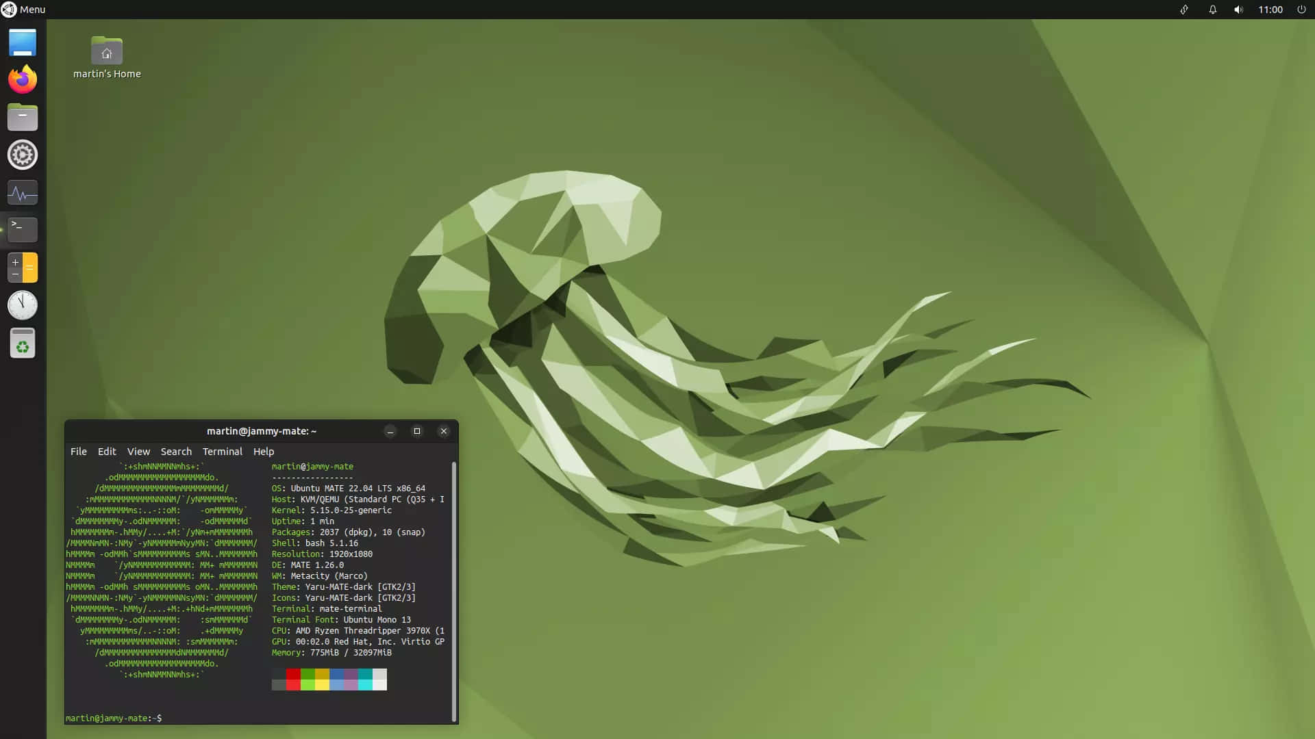 ubuntu 桌布 壁紙 — 在 Linux 桌面上的低多邊形綠色水母桌布，打開了一個顯示系統詳細資訊的終端機視窗。